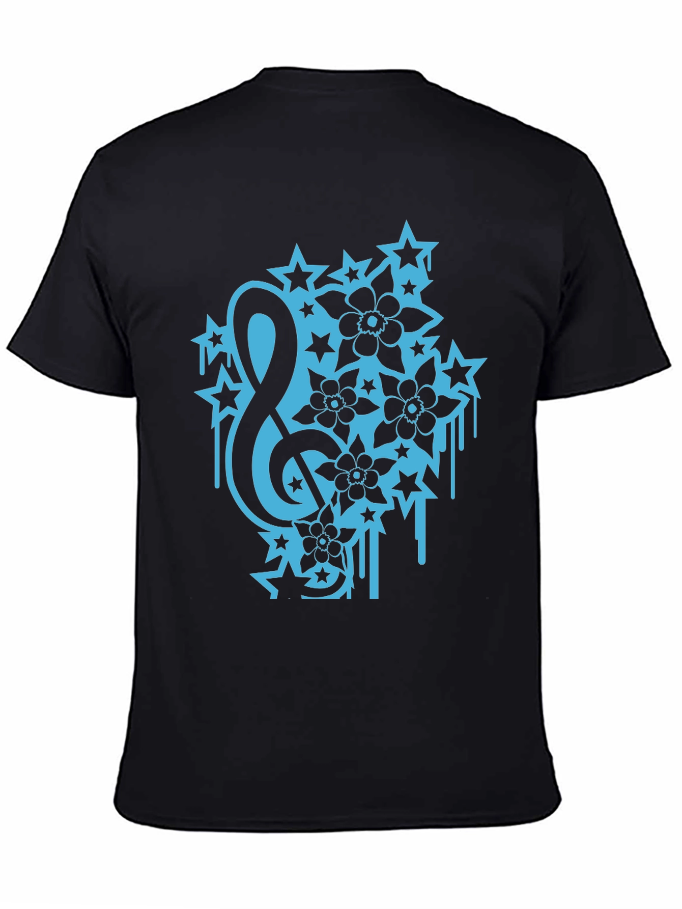 Black Tee with Treble Clef Stars & Flowers Graphic
