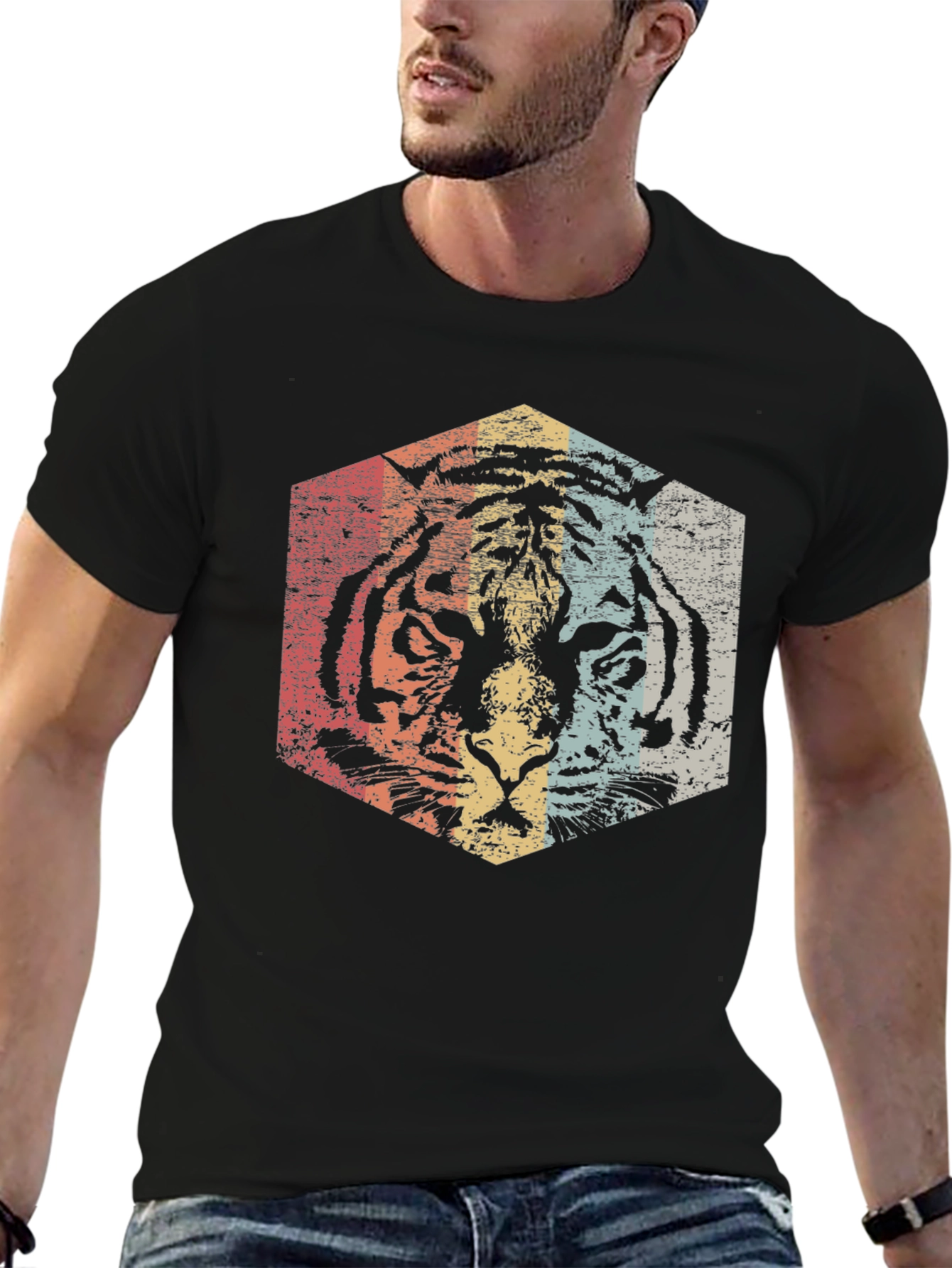 Retro Tiger Graphic Tee - Distressed Animal Print T-Shirt