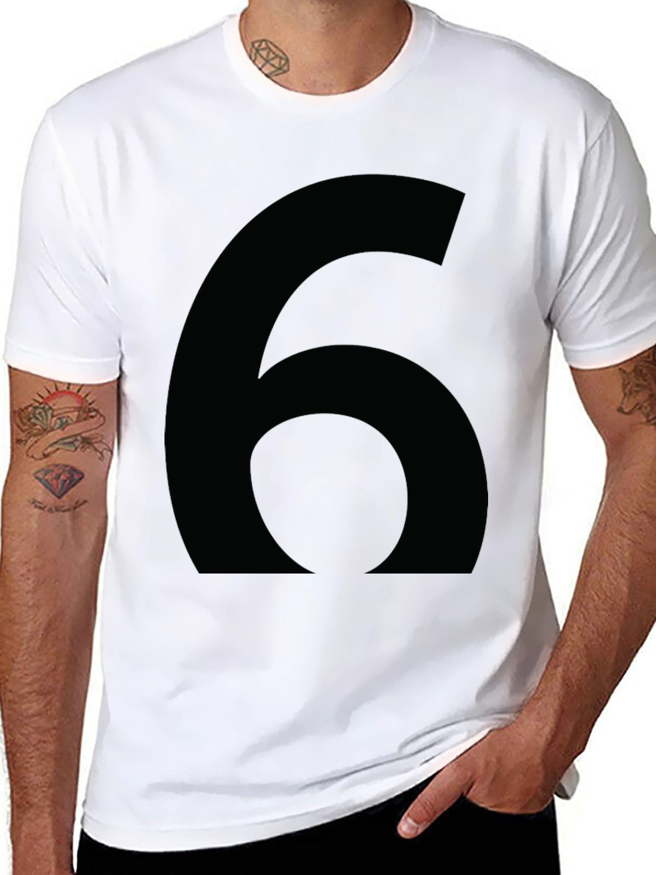 Mens Black T-Shirt with Large Number Six Graphic