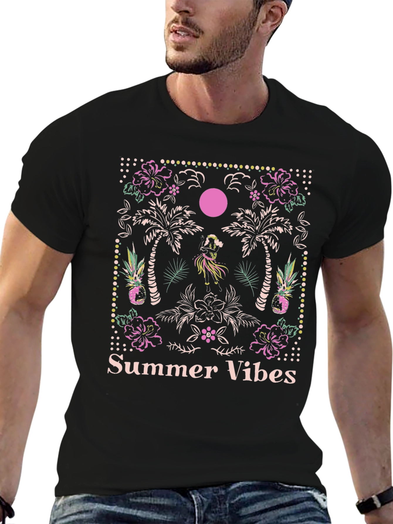 Summer Vibes Graphic Tee - Tropical Island Design