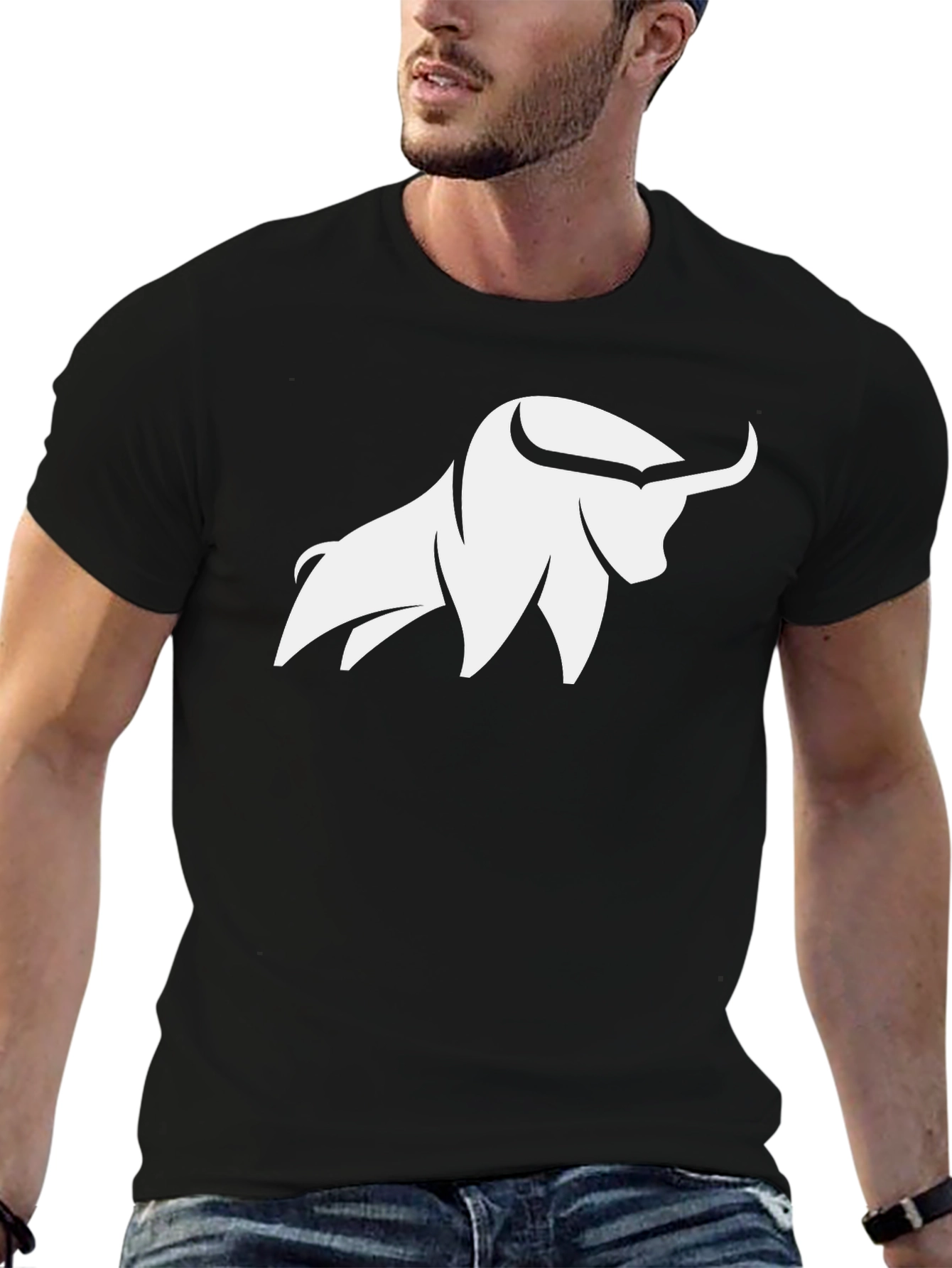 Black T-Shirt with White Bull Graphic