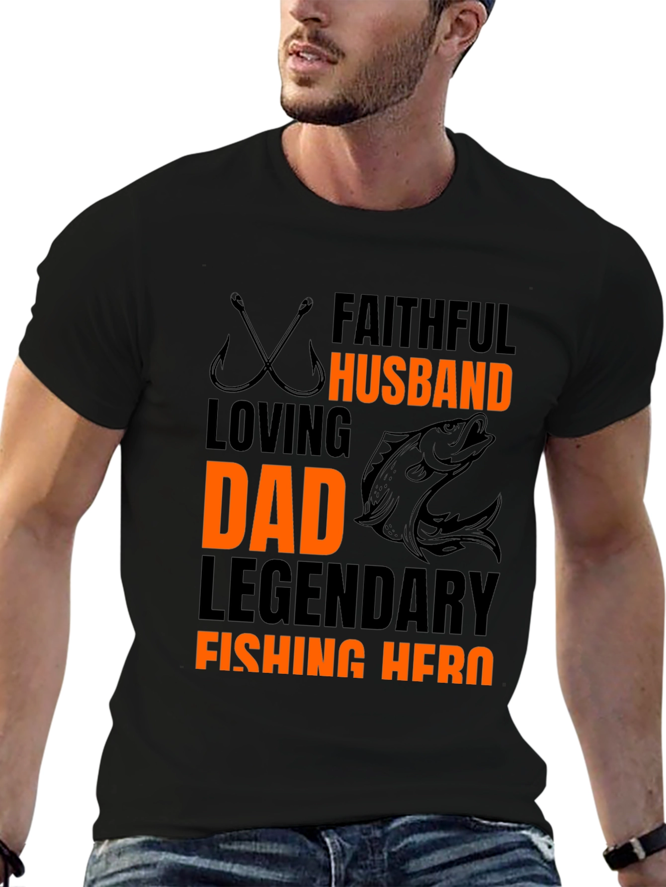Faithful Husband Dad Fishing Hero Black T-Shirt