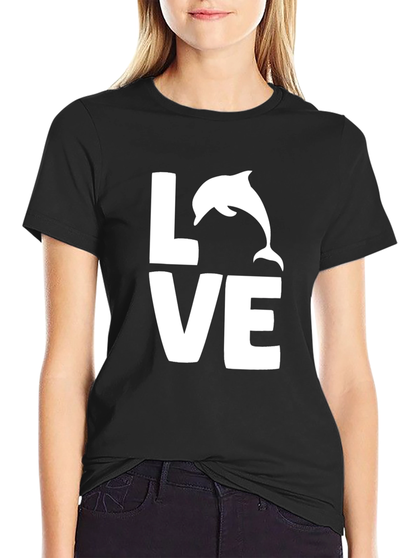 Love Dolphin Graphic Tee - Black Cotton T-Shirt