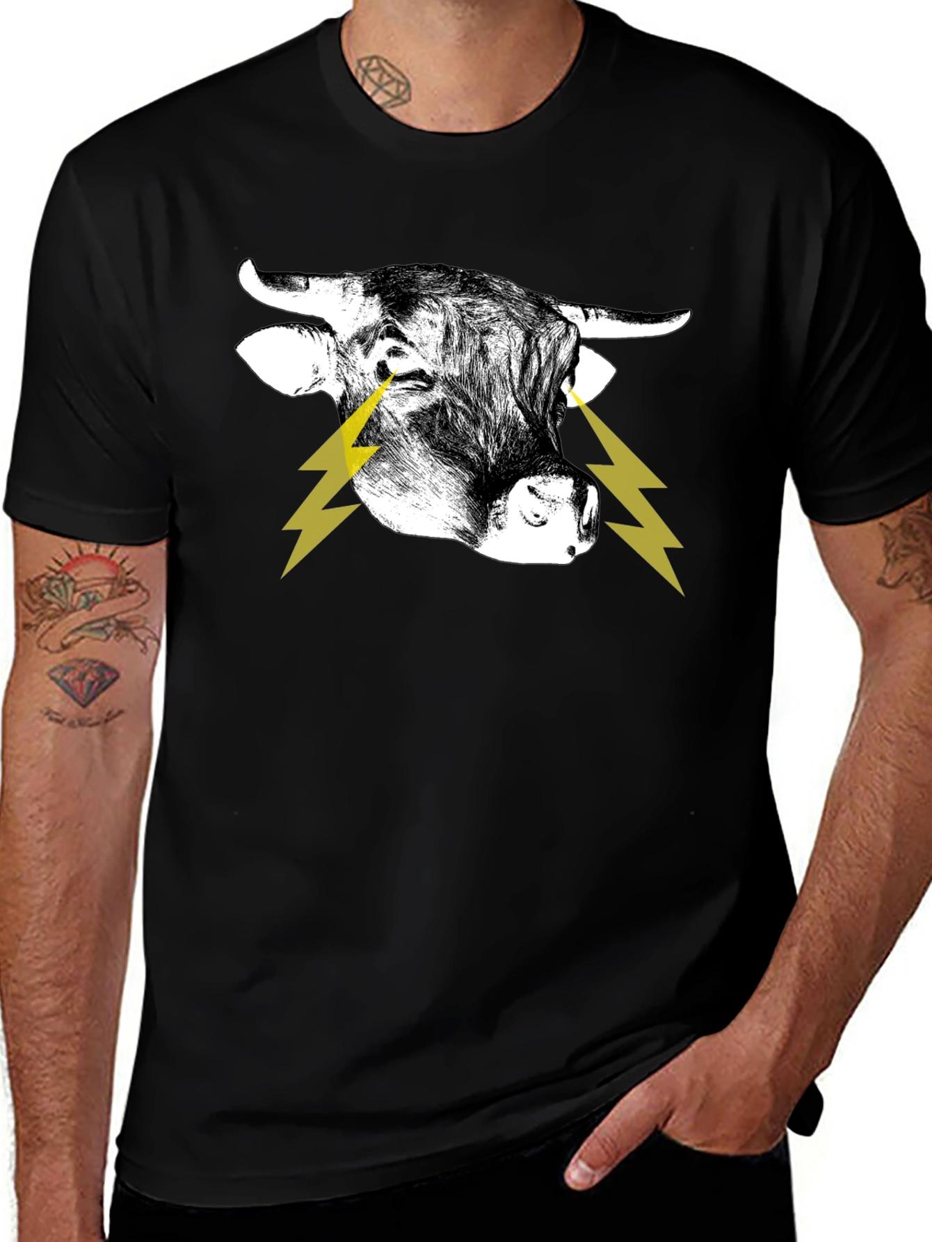 Bull with Lightning Eyes Graphic Black Tee