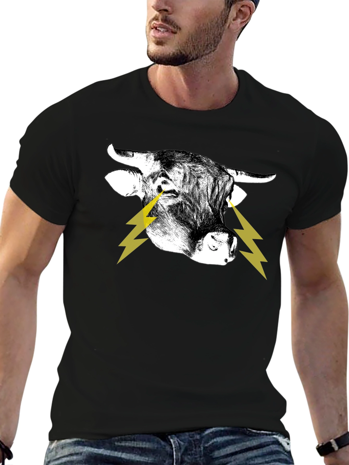 Bull with Lightning Eyes Graphic Black Tee