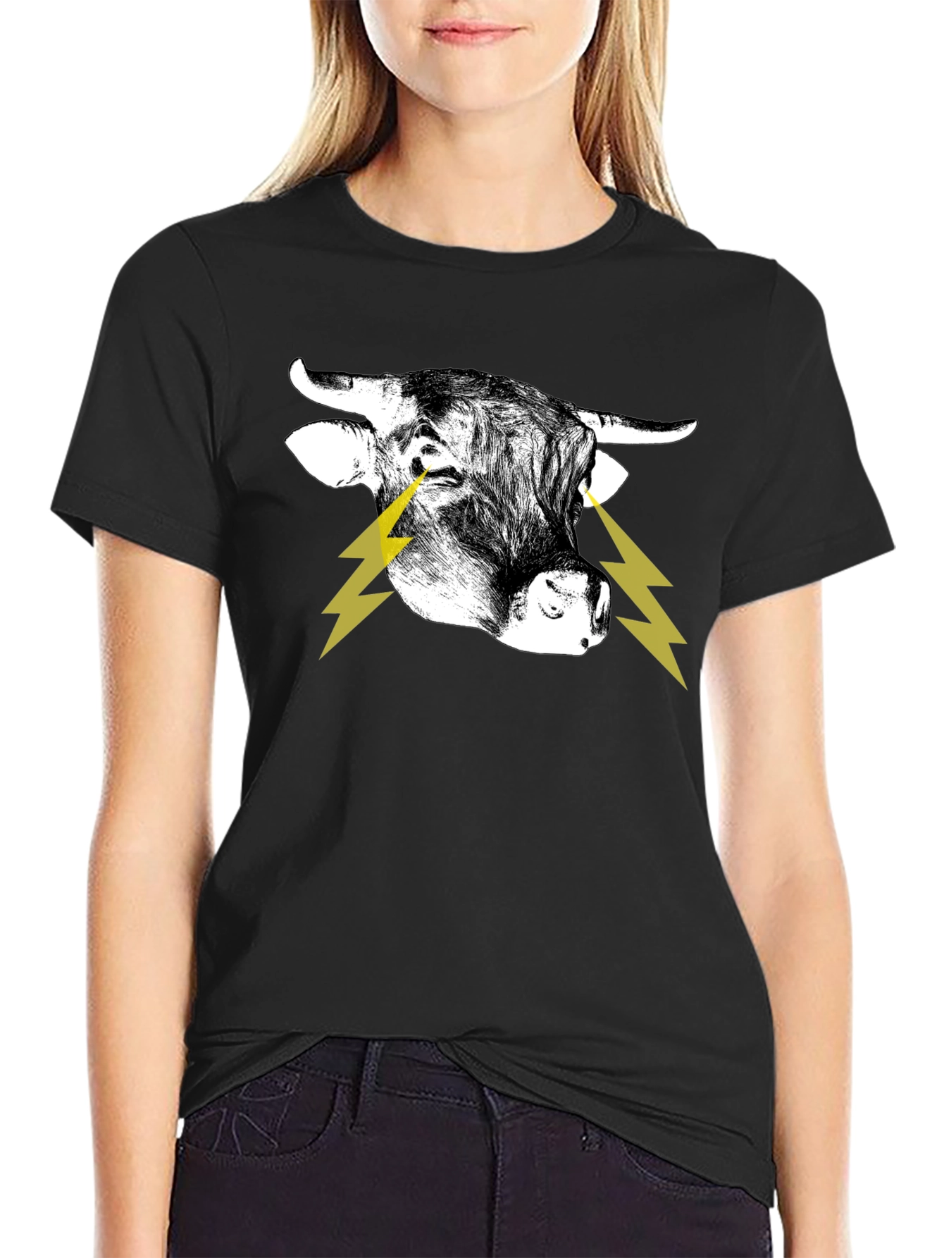 Bull with Lightning Eyes Graphic Black Tee