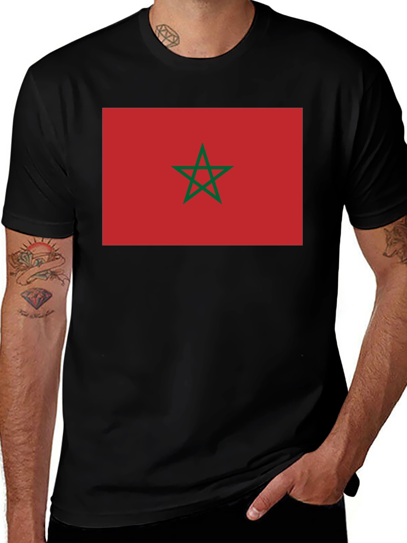 Morocco Flag Graphic Tee - Black Cotton T-Shirt
