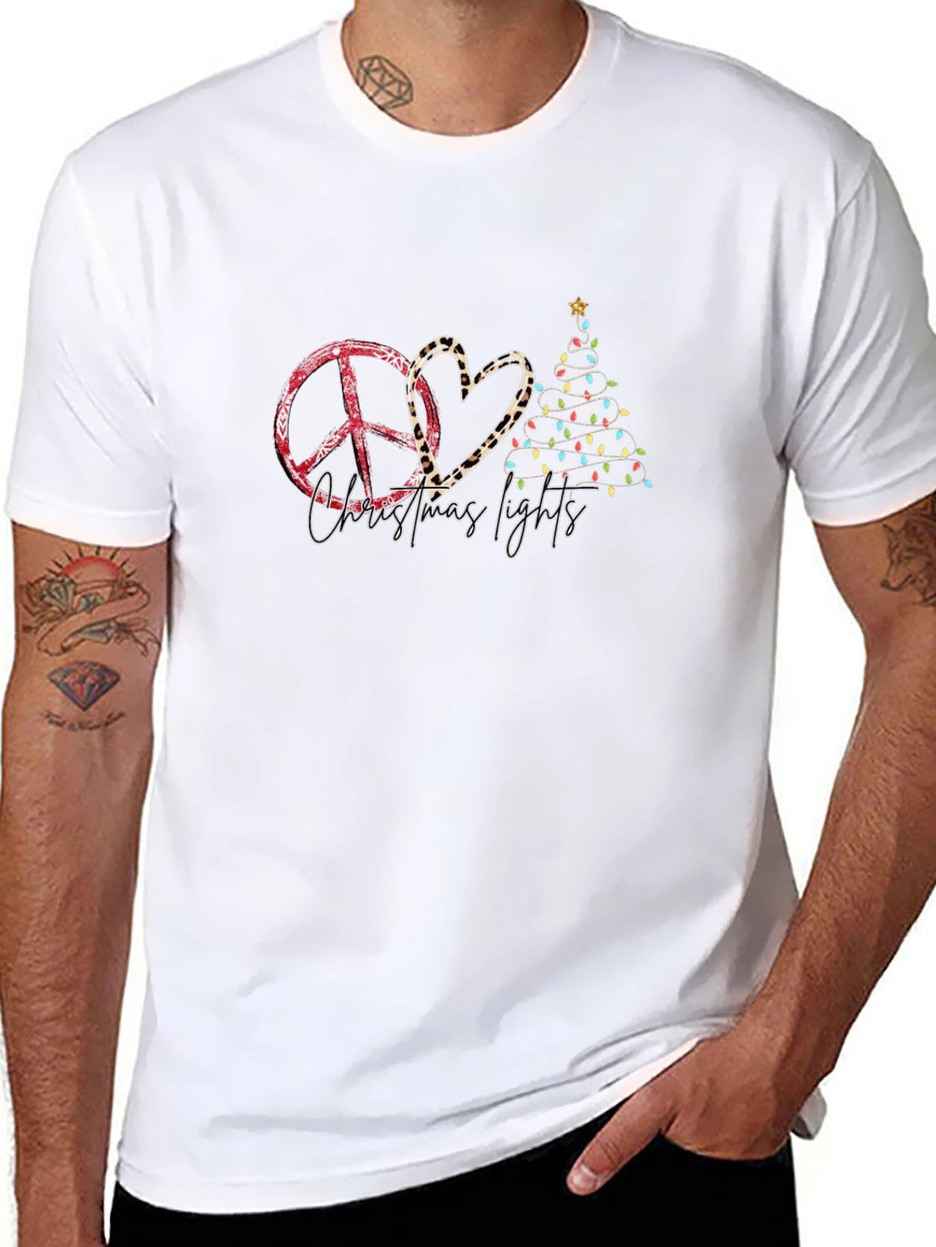Christmas Peace Heart & Lights Black Tee