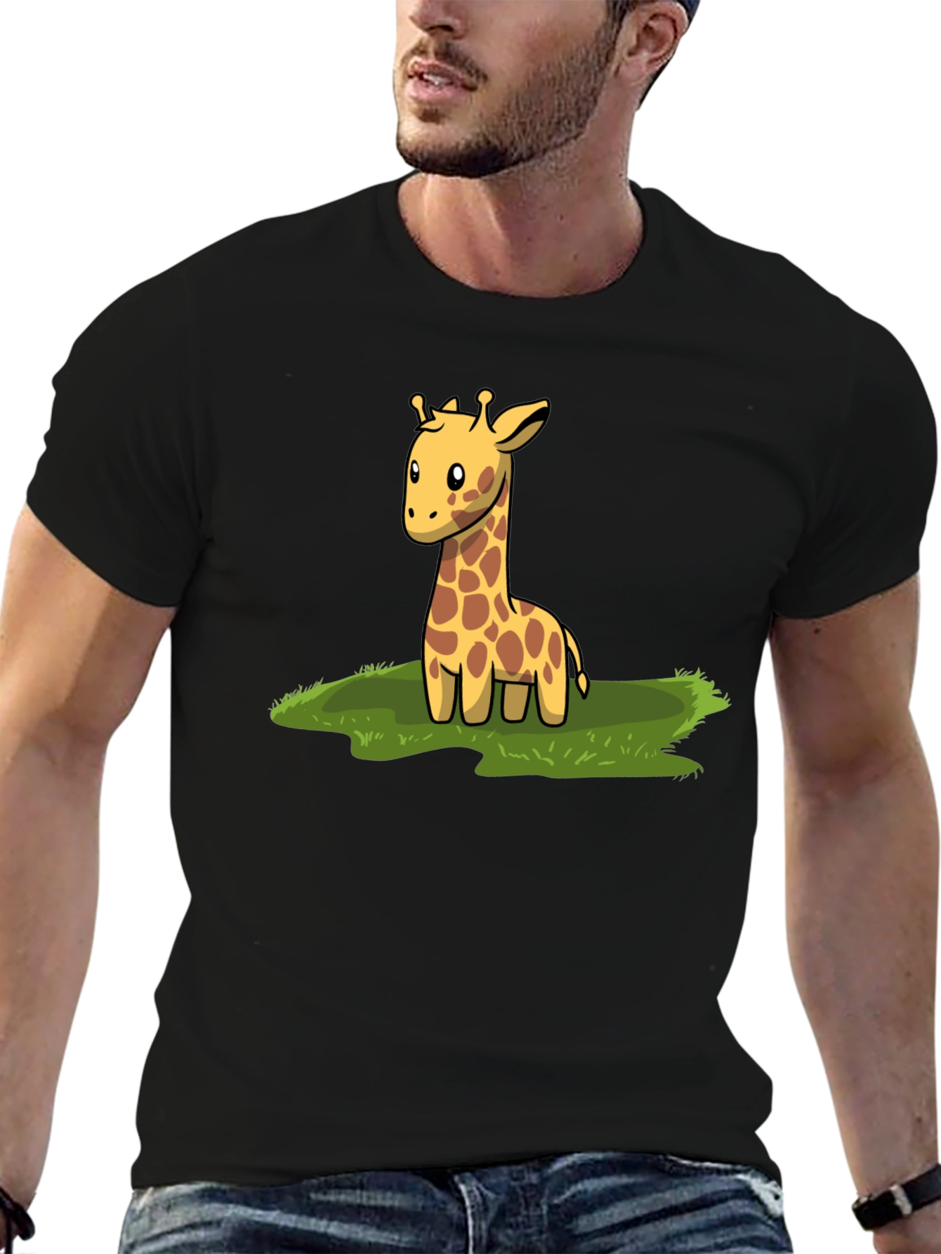 Cute Giraffe Graphic Tee - Black Cotton T-Shirt