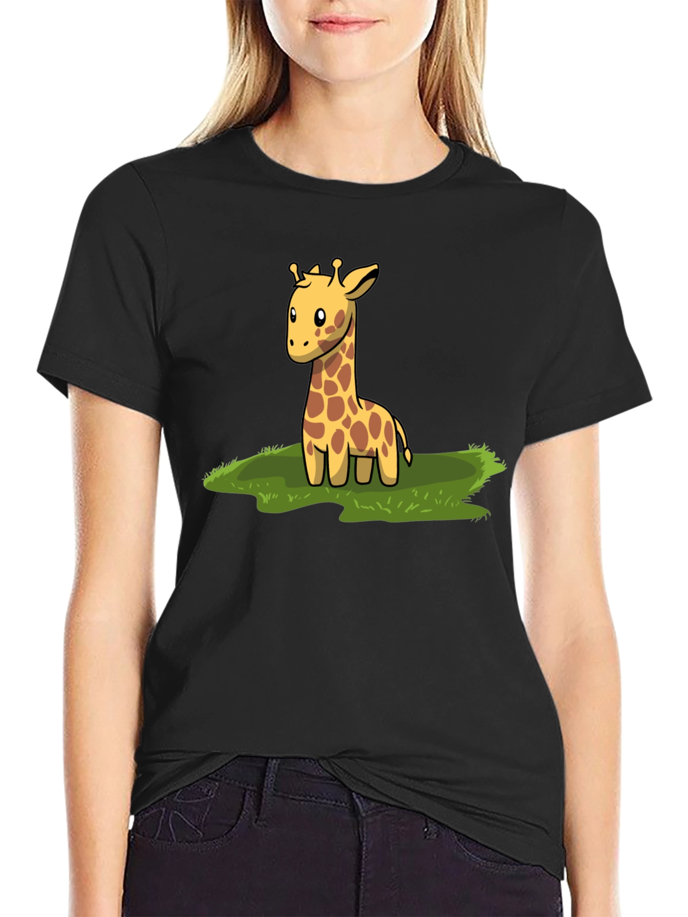 Cute Giraffe Graphic Tee - Black Cotton T-Shirt