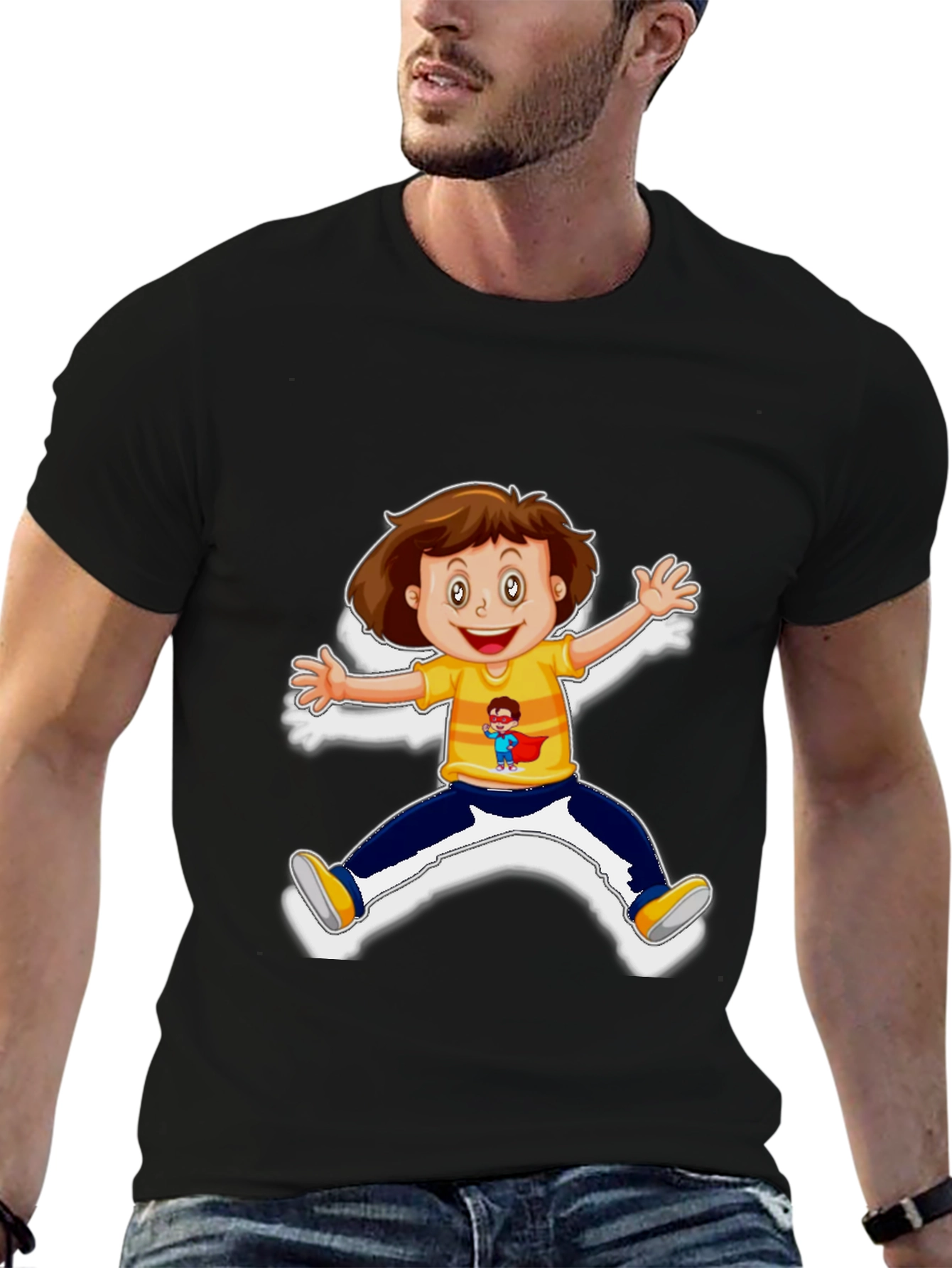 Cartoon Kid Graphic Black T-Shirt
