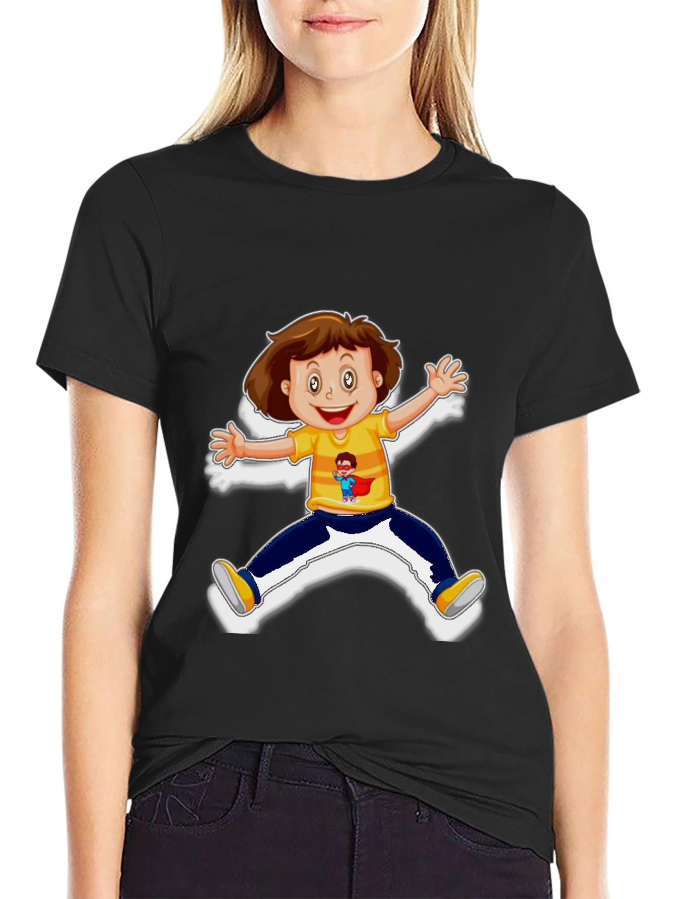 Cartoon Kid Graphic Black T-Shirt