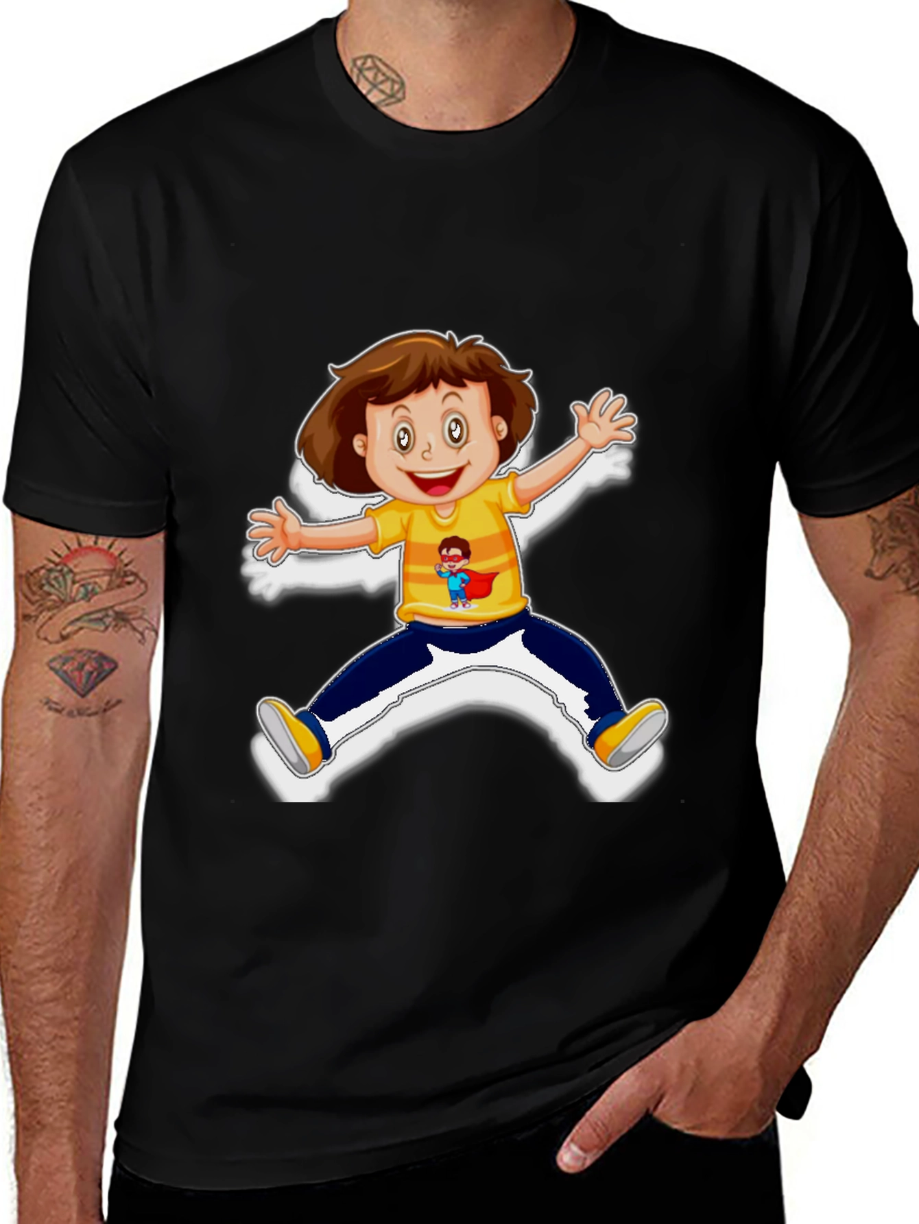 Cartoon Kid Graphic Black T-Shirt