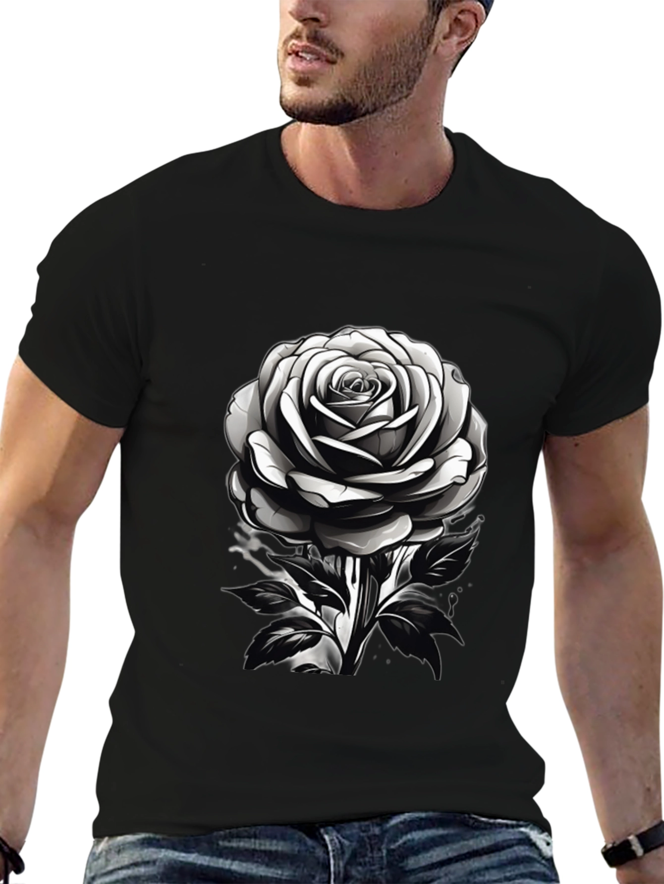 Rose Graphic Black T-Shirt - Modern Floral Design