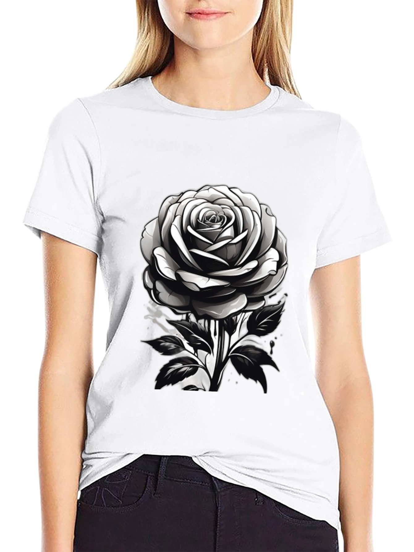 Rose Graphic Black T-Shirt - Modern Floral Design