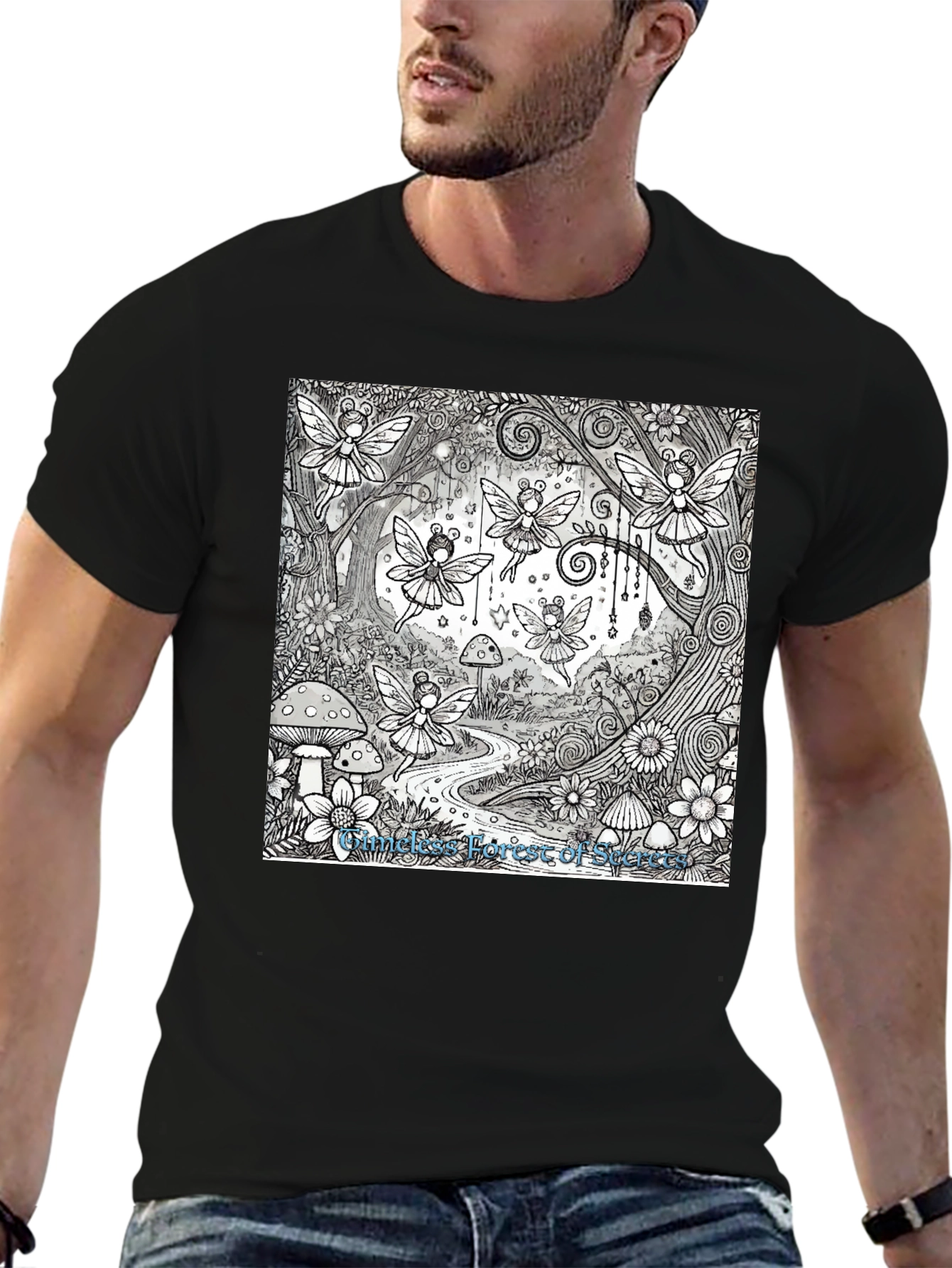 Whimsical Fairy Forest Graphic Tee - Black Cotton