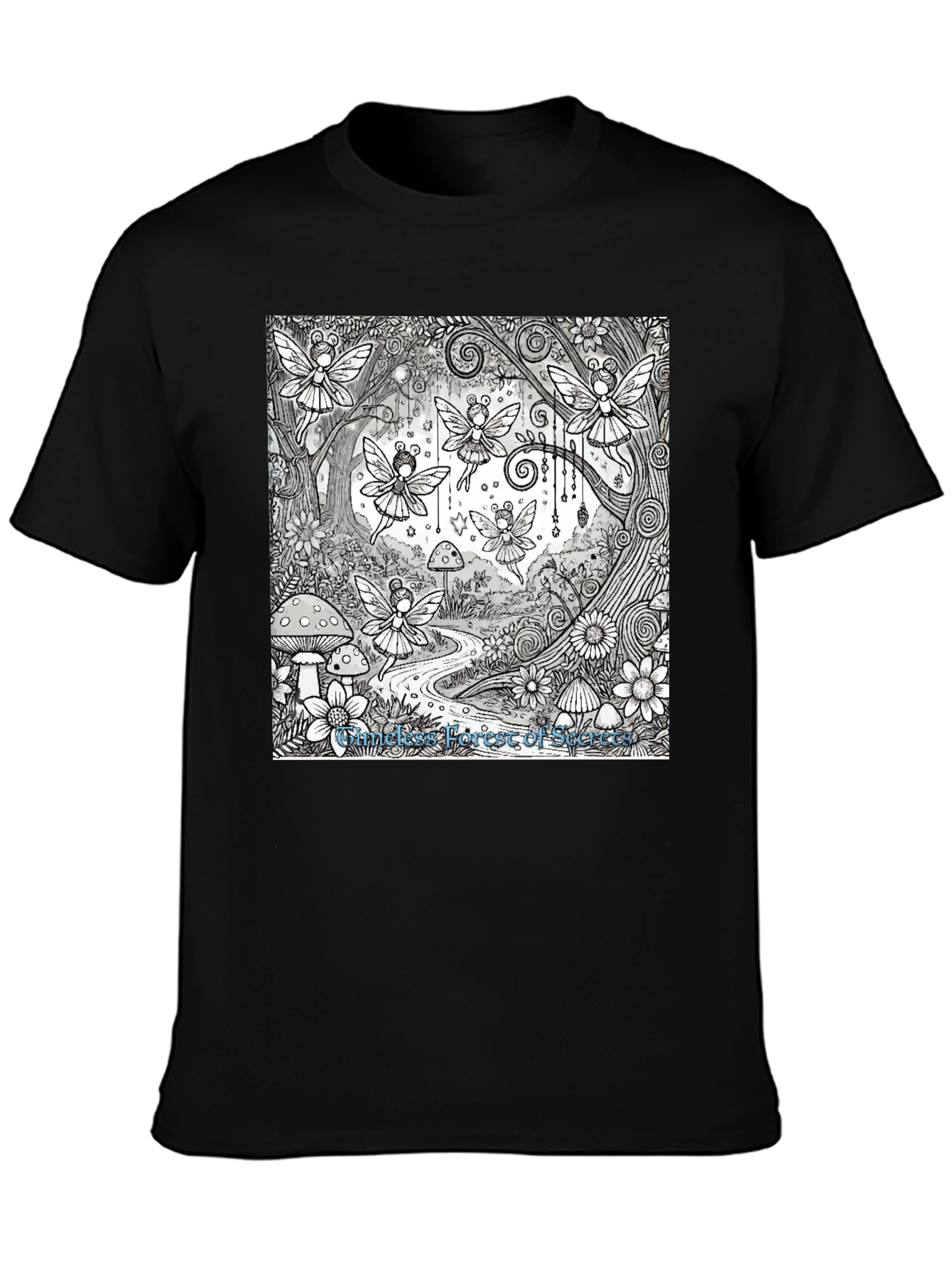 Whimsical Fairy Forest Graphic Tee - Black Cotton