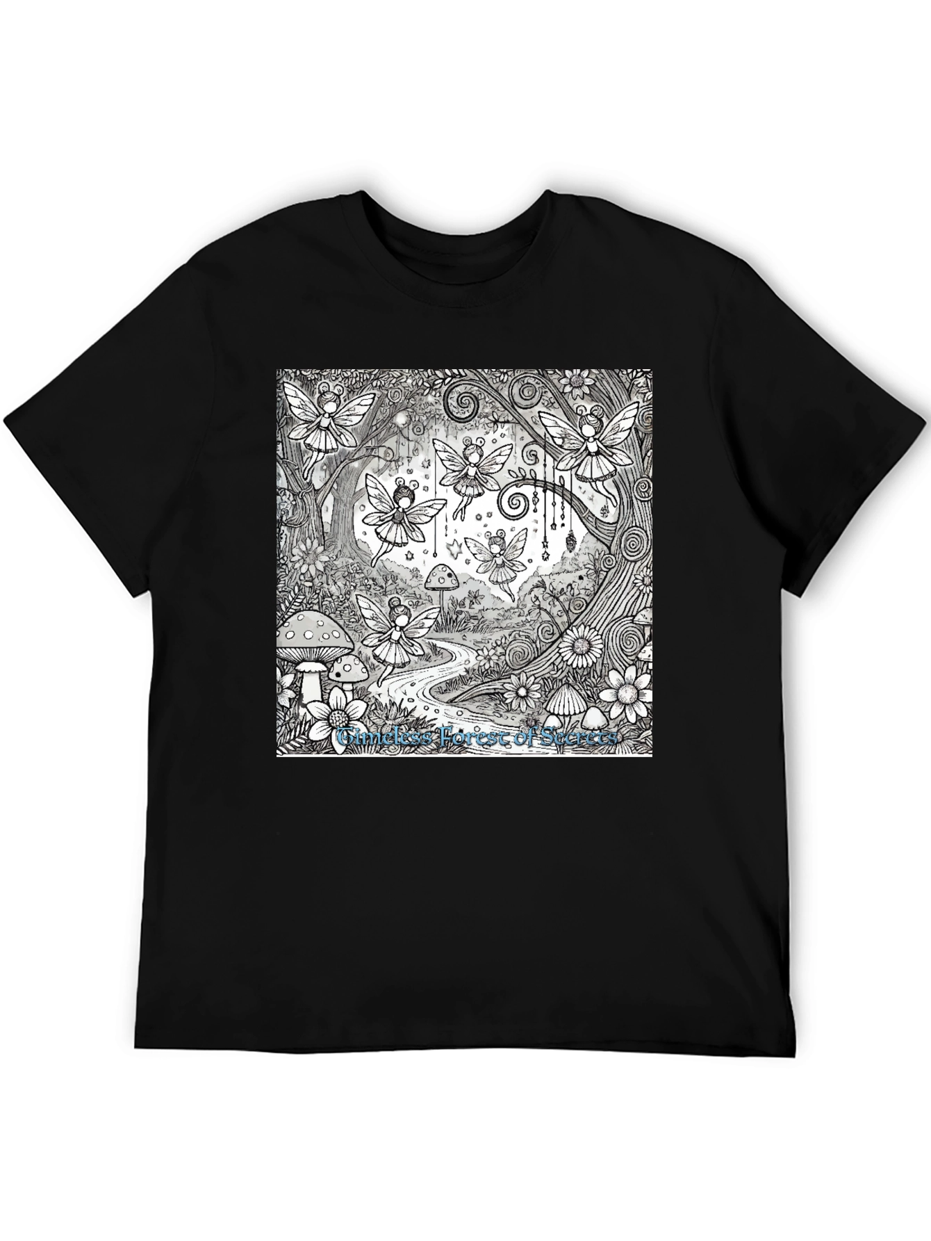 Whimsical Fairy Forest Graphic Tee - Black Cotton
