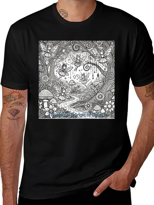 Whimsical Fairy Forest Graphic Tee - Black Cotton