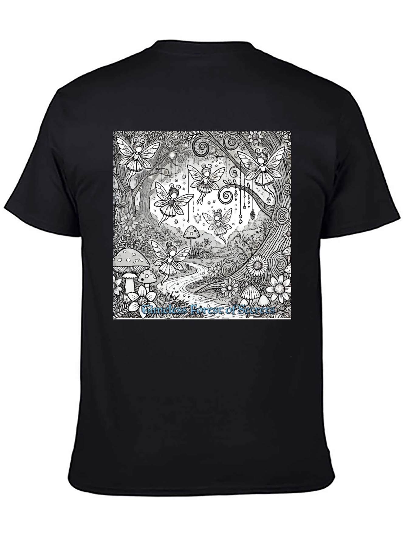Whimsical Fairy Forest Graphic Tee - Black Cotton