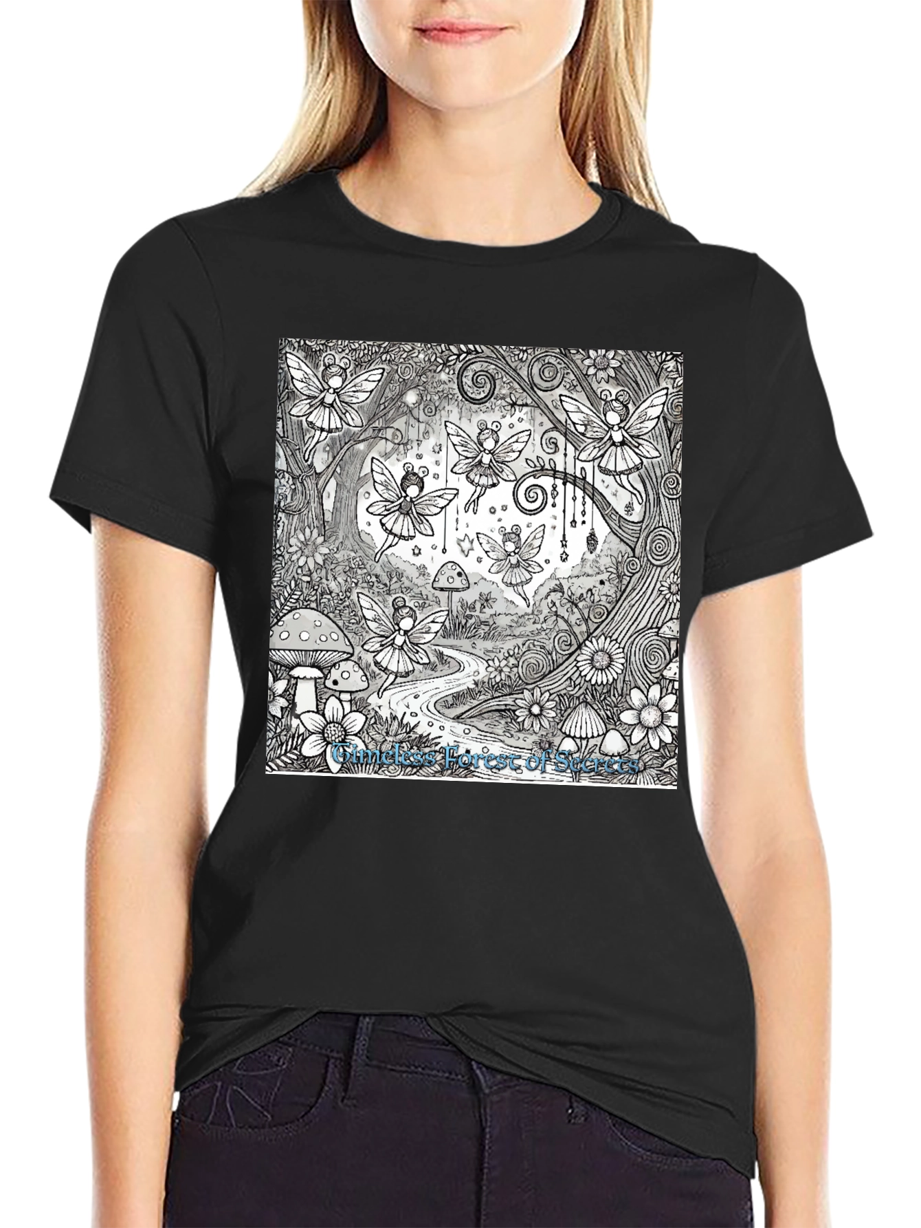 Whimsical Fairy Forest Graphic Tee - Black Cotton