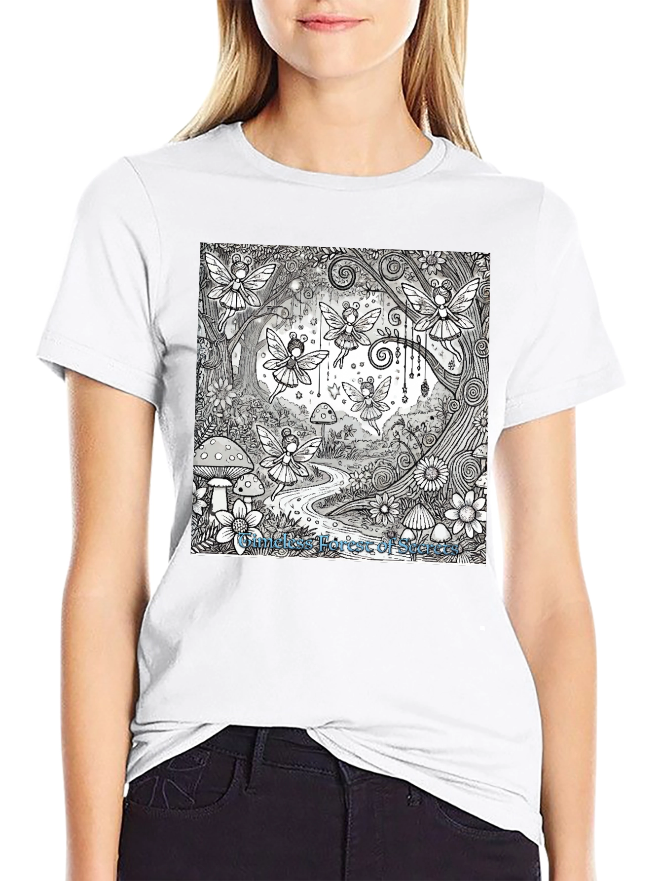 Whimsical Fairy Forest Graphic Tee - Black Cotton