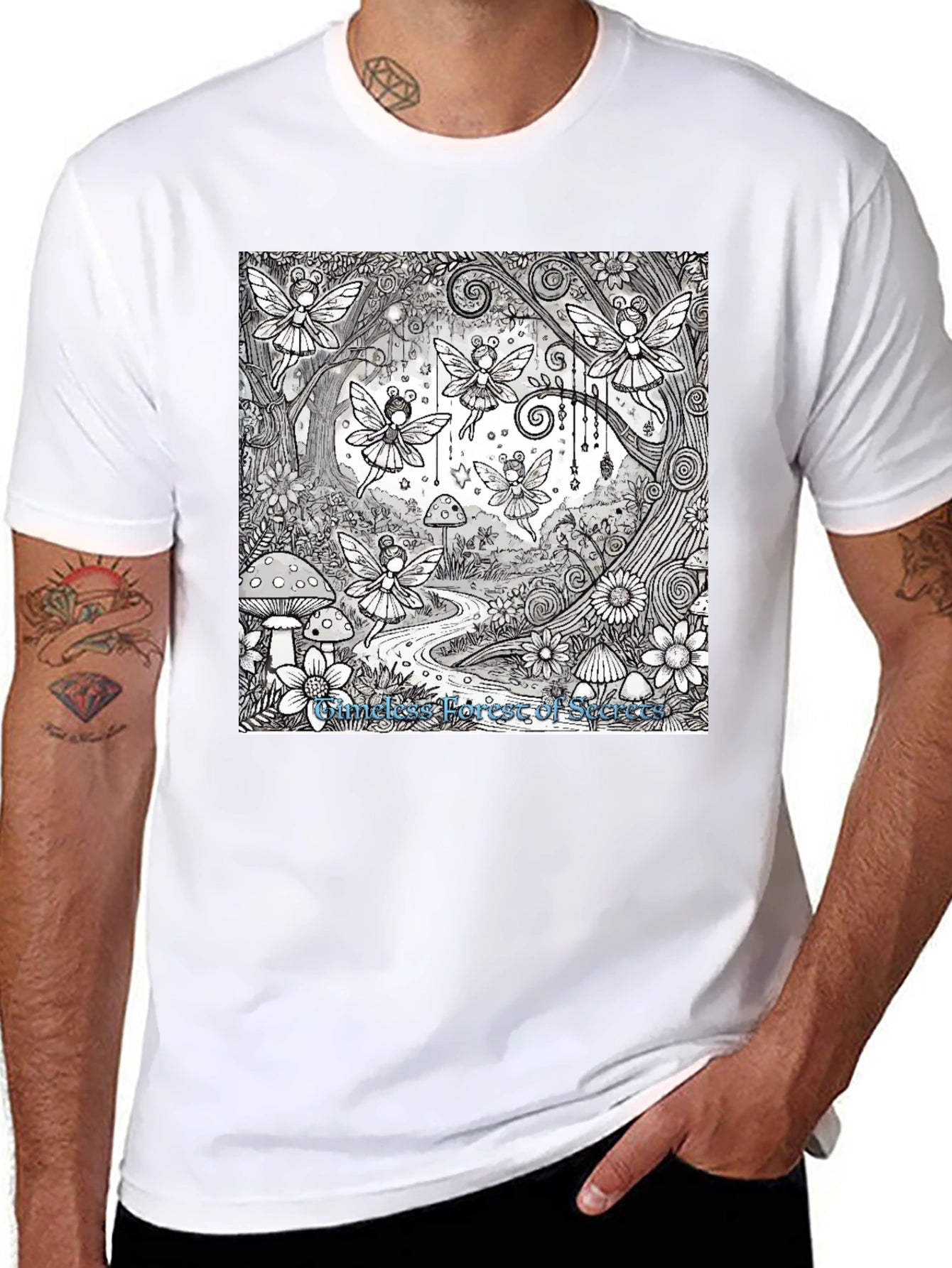 Whimsical Fairy Forest Graphic Tee - Black Cotton