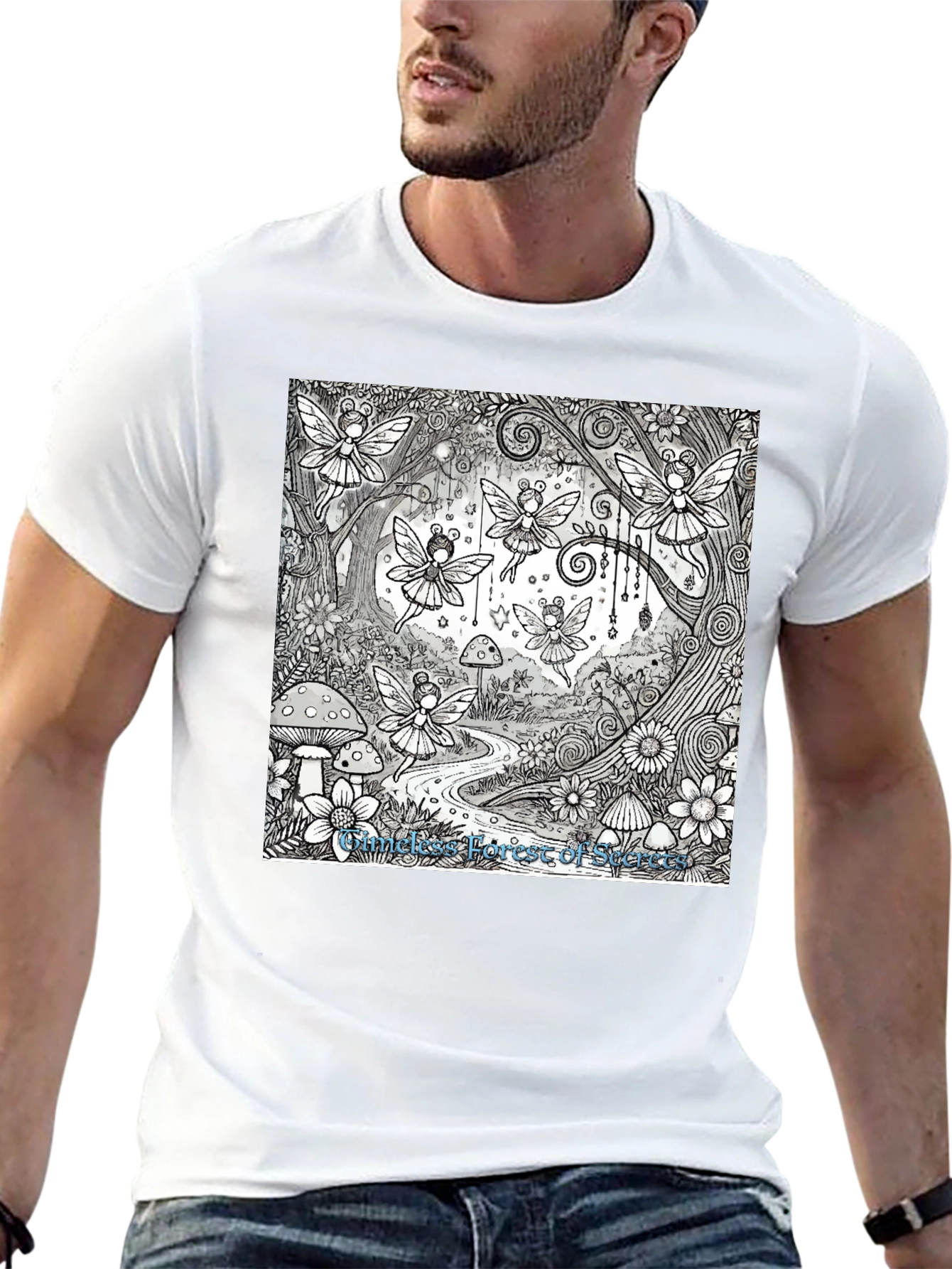 Whimsical Fairy Forest Graphic Tee - Black Cotton