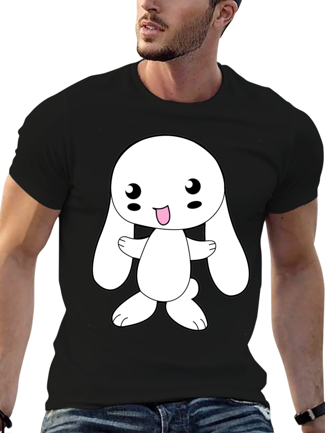 Cute Cartoon Bunny Black T-Shirt