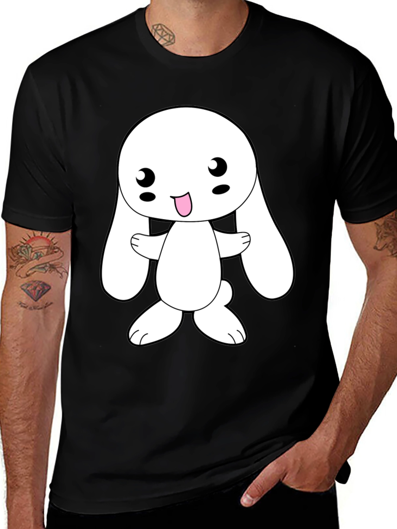 Cute Cartoon Bunny Black T-Shirt