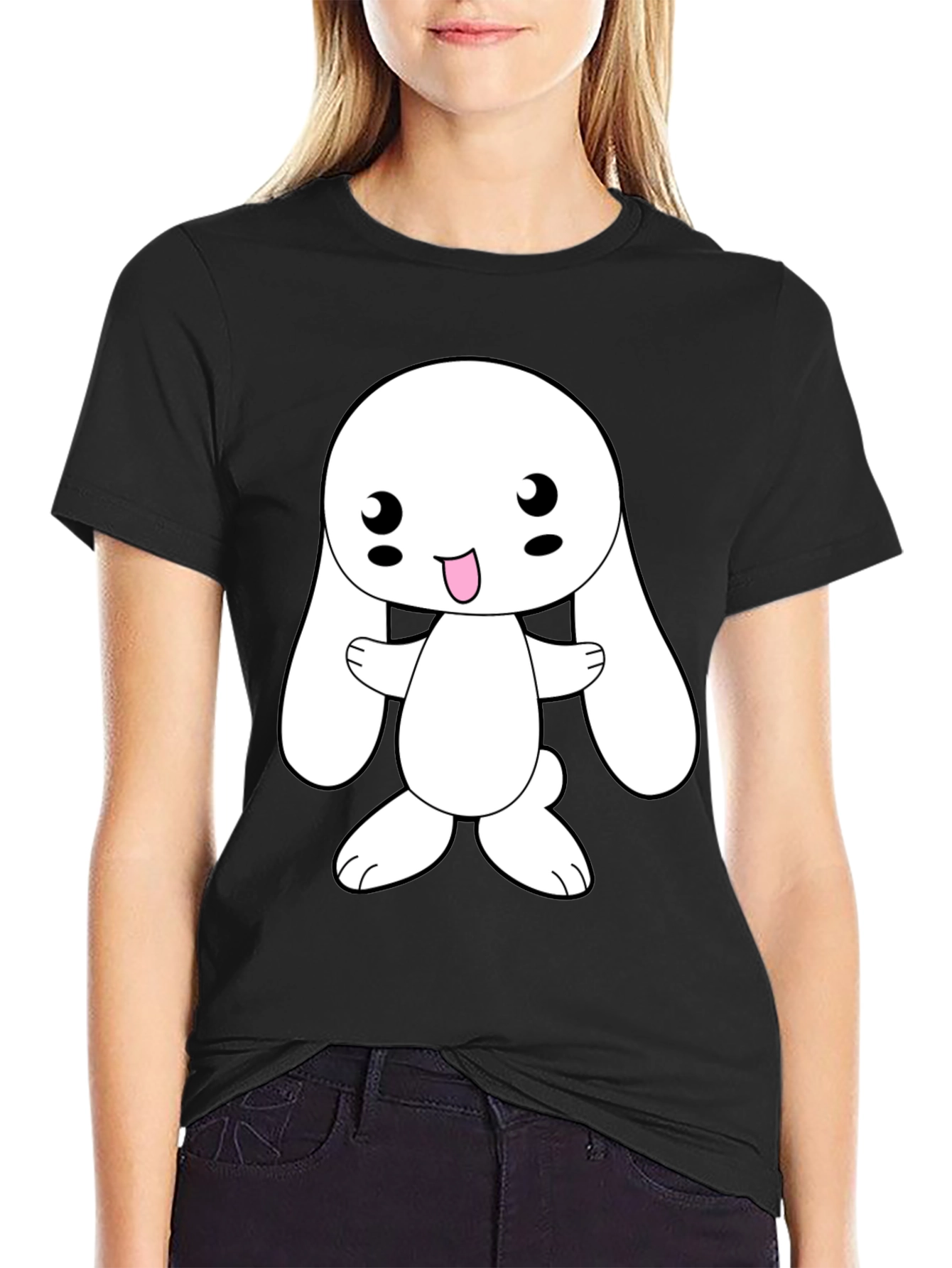 Cute Cartoon Bunny Black T-Shirt