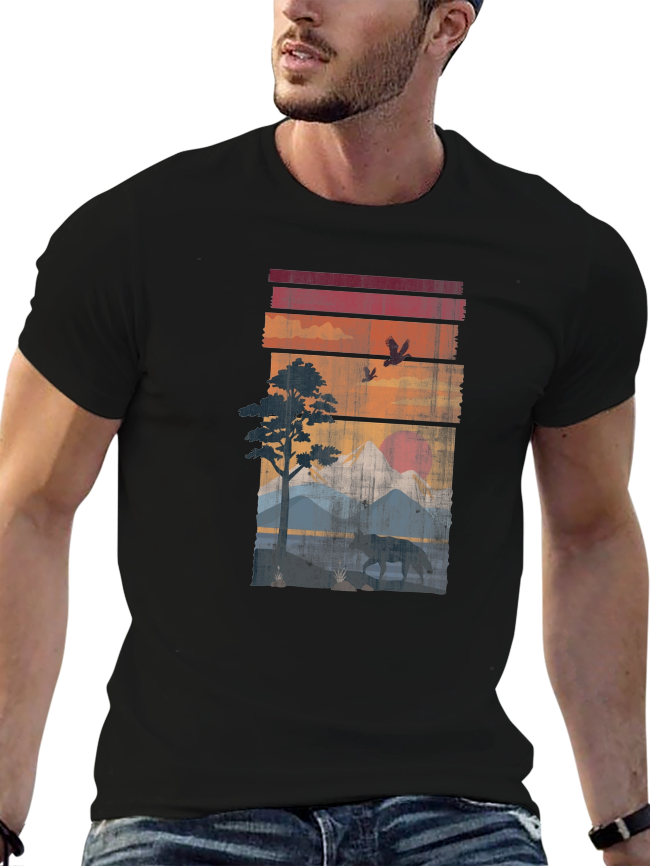 Retro Sunset Wildlife Graphic Tee - Black