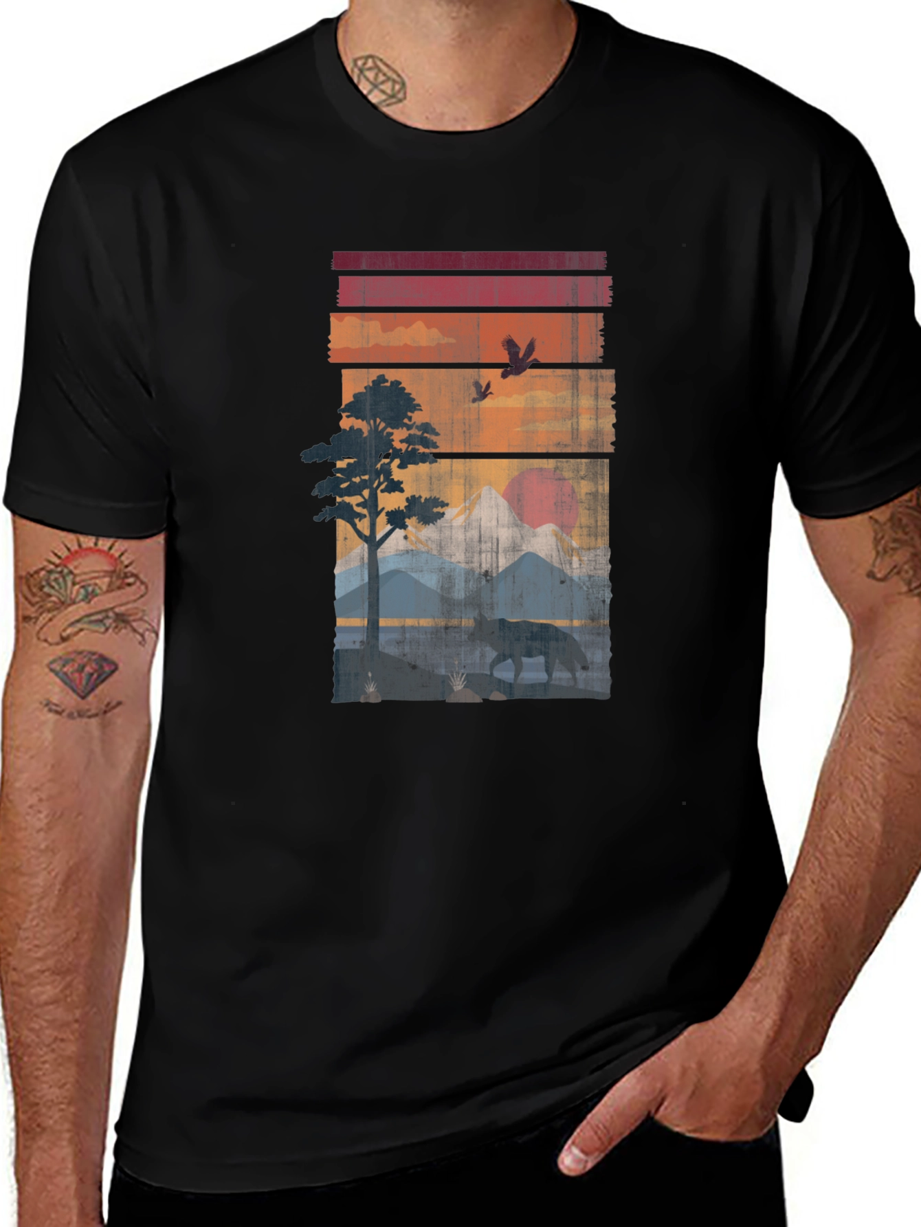 Retro Sunset Wildlife Graphic Tee - Black