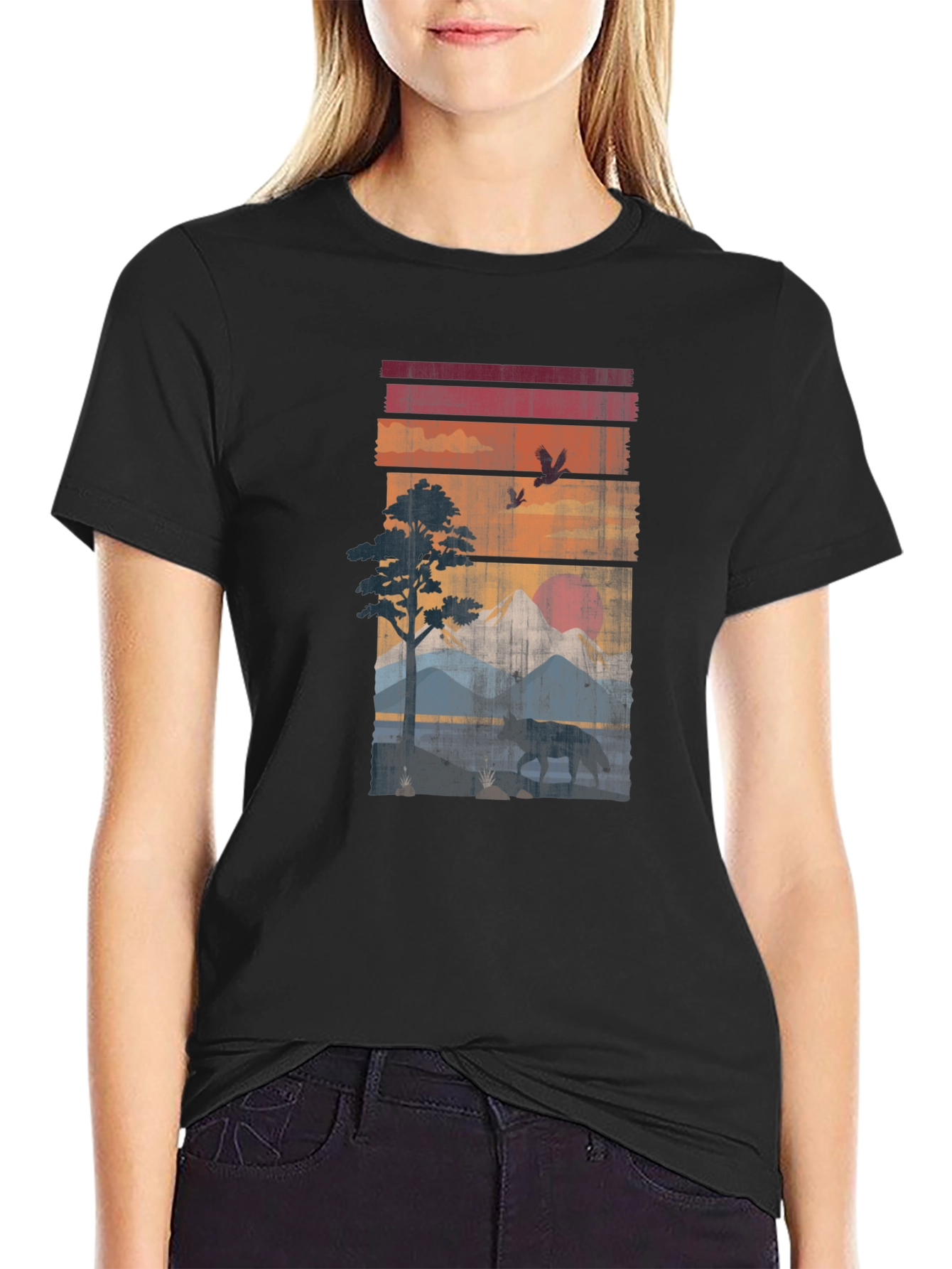 Retro Sunset Wildlife Graphic Tee - Black