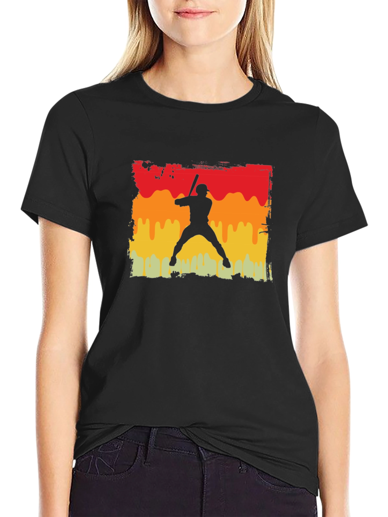 Retro Baseball Player Graphic Tee - Black