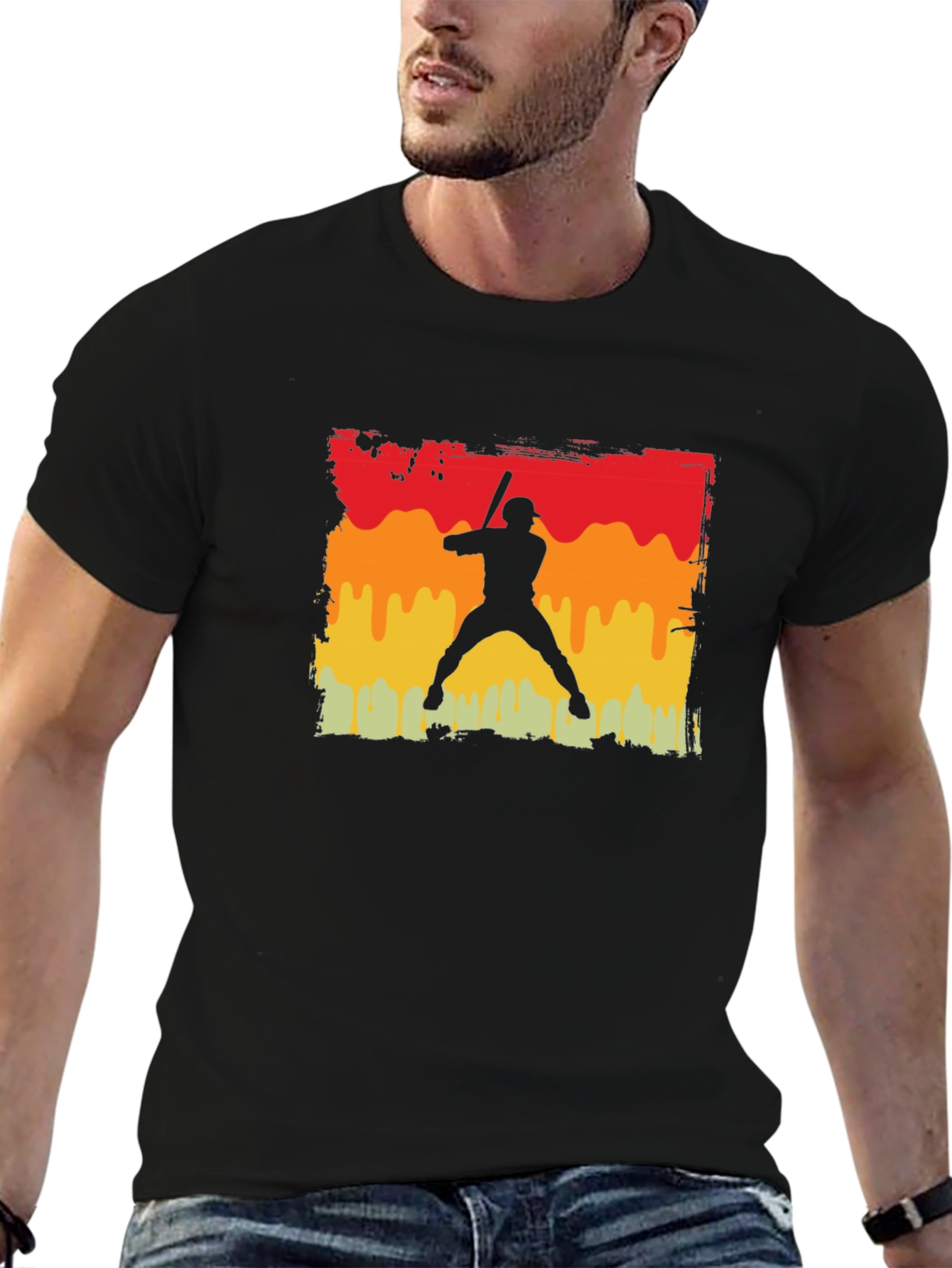 Retro Baseball Player Graphic Tee - Black