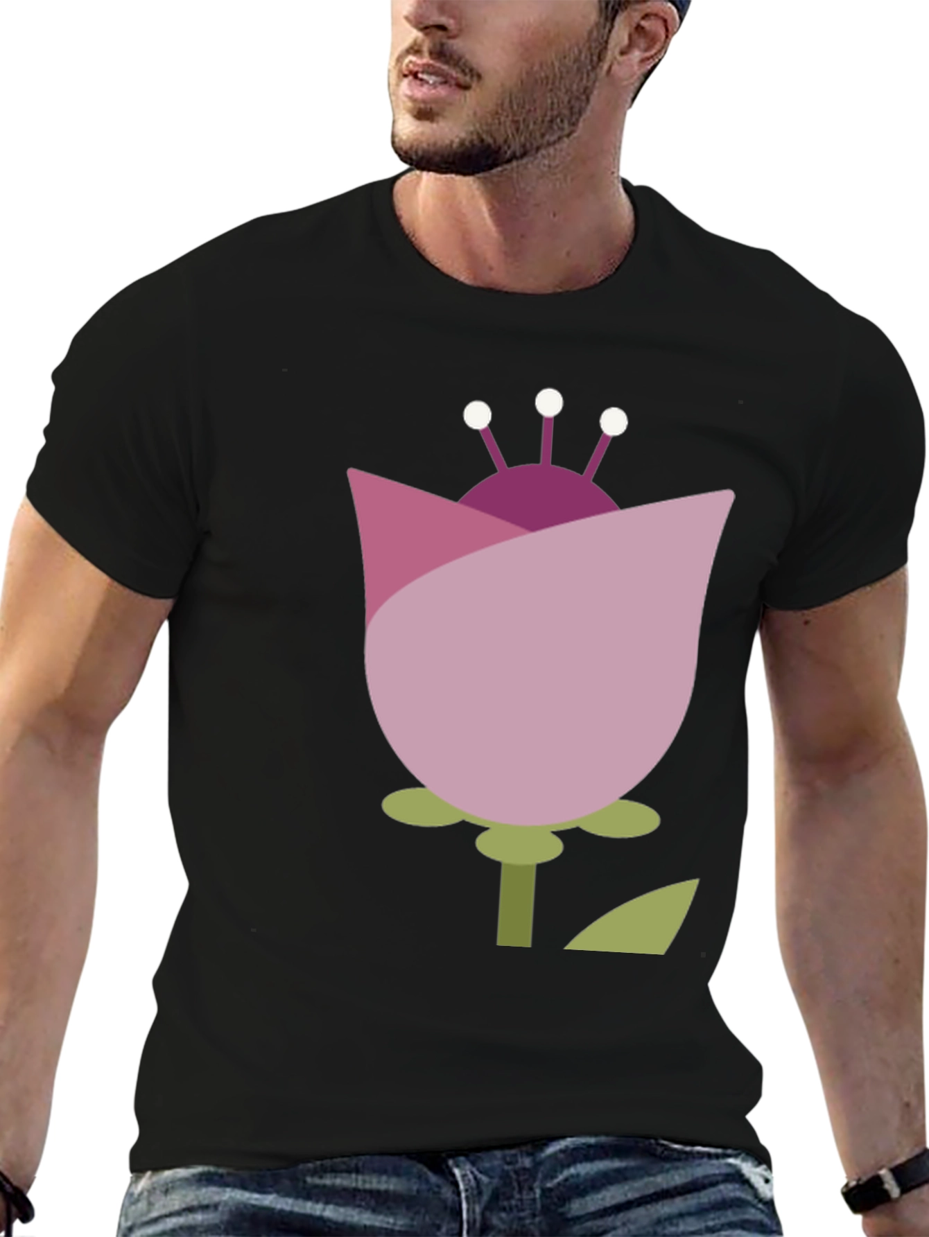 Abstract Flower Graphic Tee - Casual Black T-Shirt