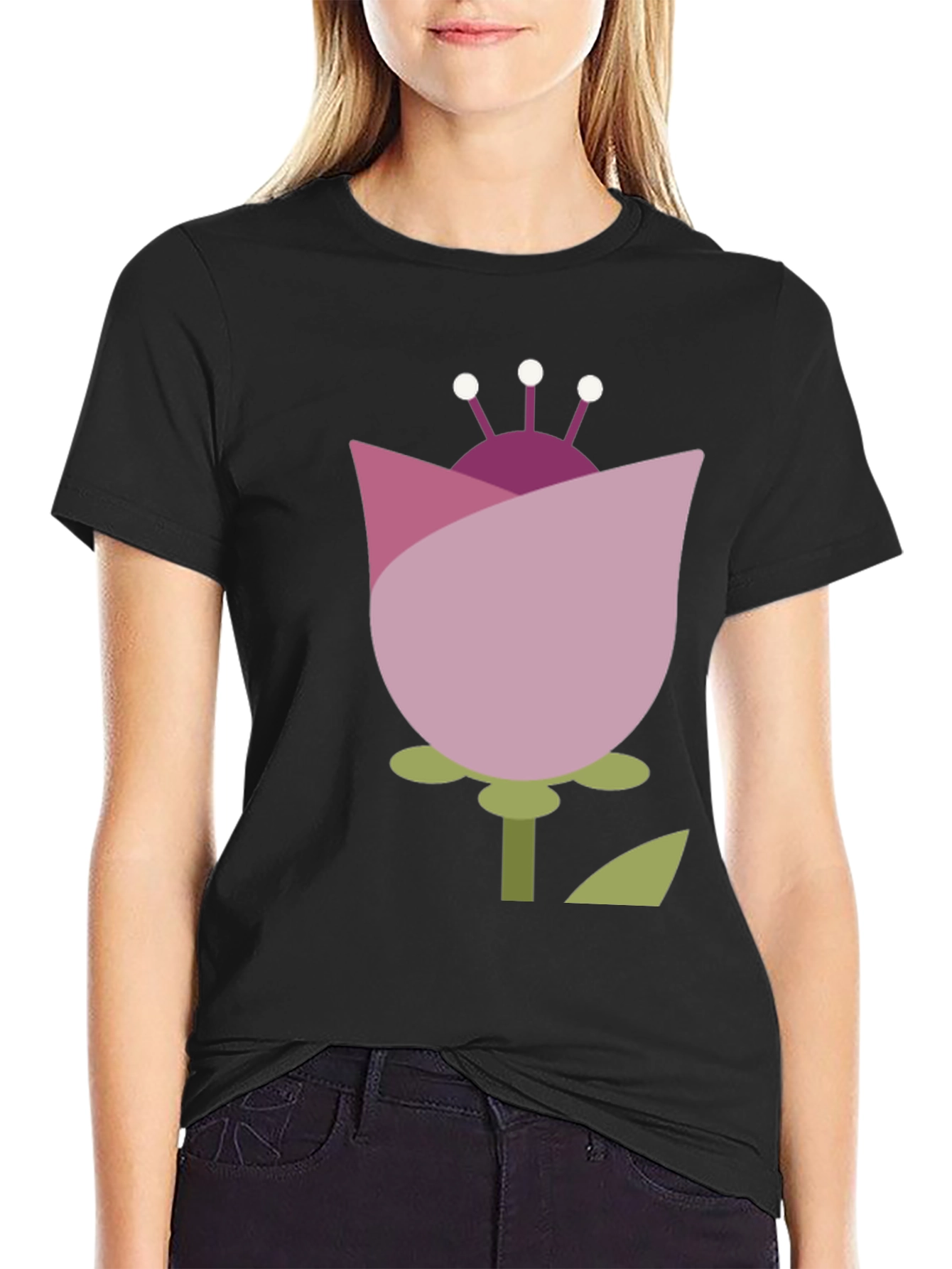 Abstract Flower Graphic Tee - Casual Black T-Shirt