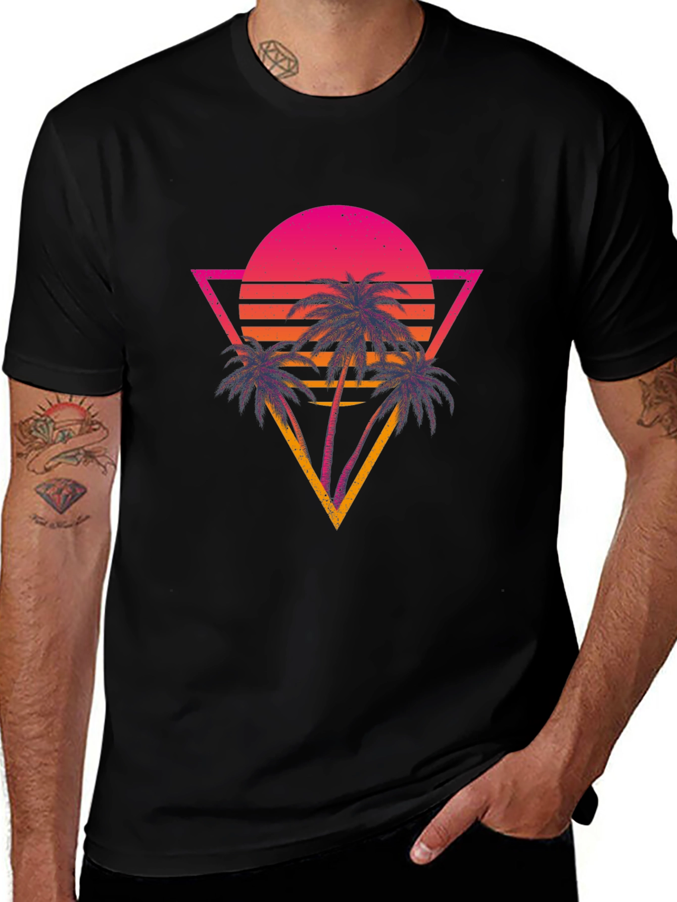 Retro Sunset Palm Tree Graphic Tee - Black