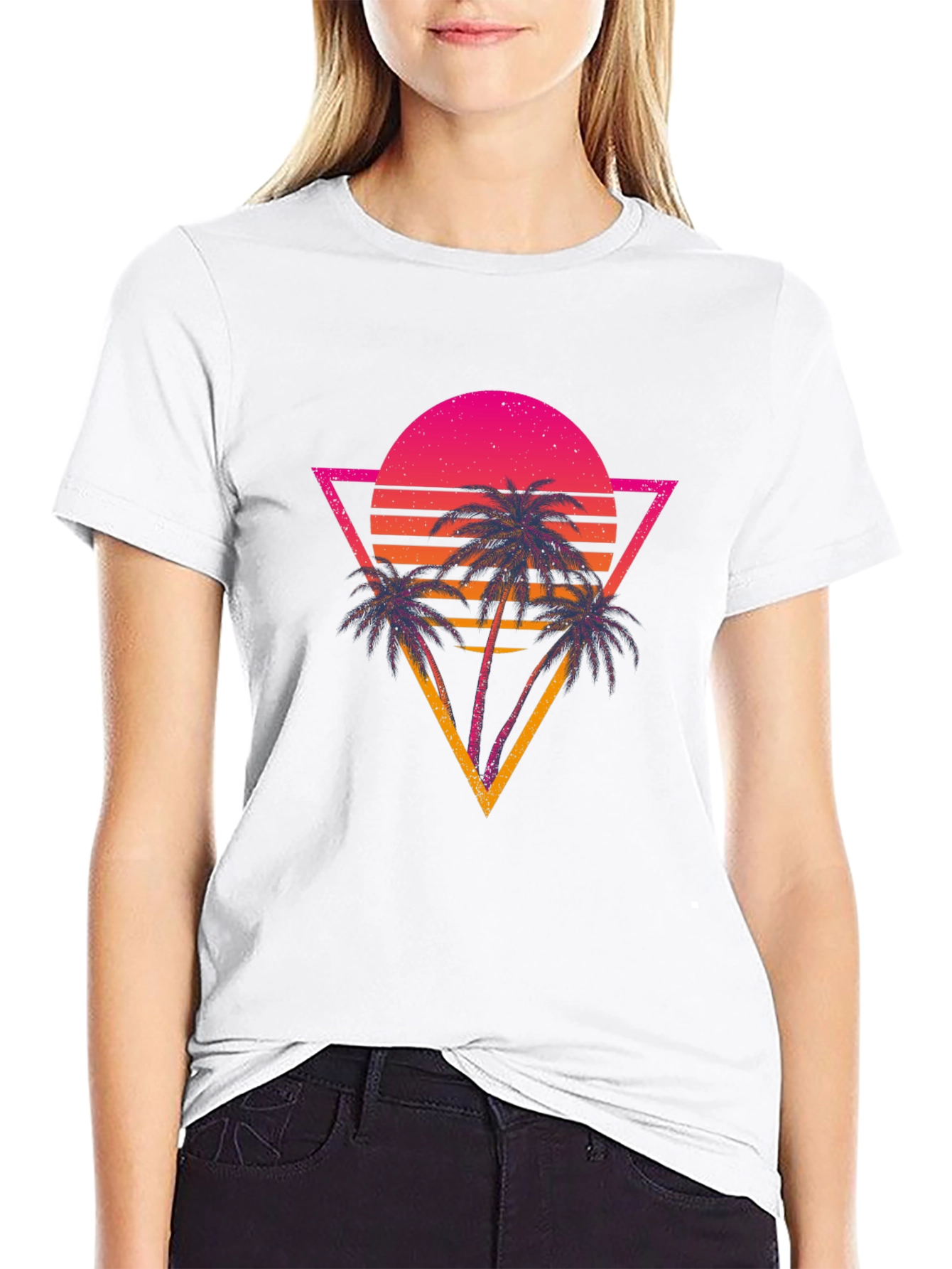 Retro Sunset Palm Tree Graphic Tee - Black
