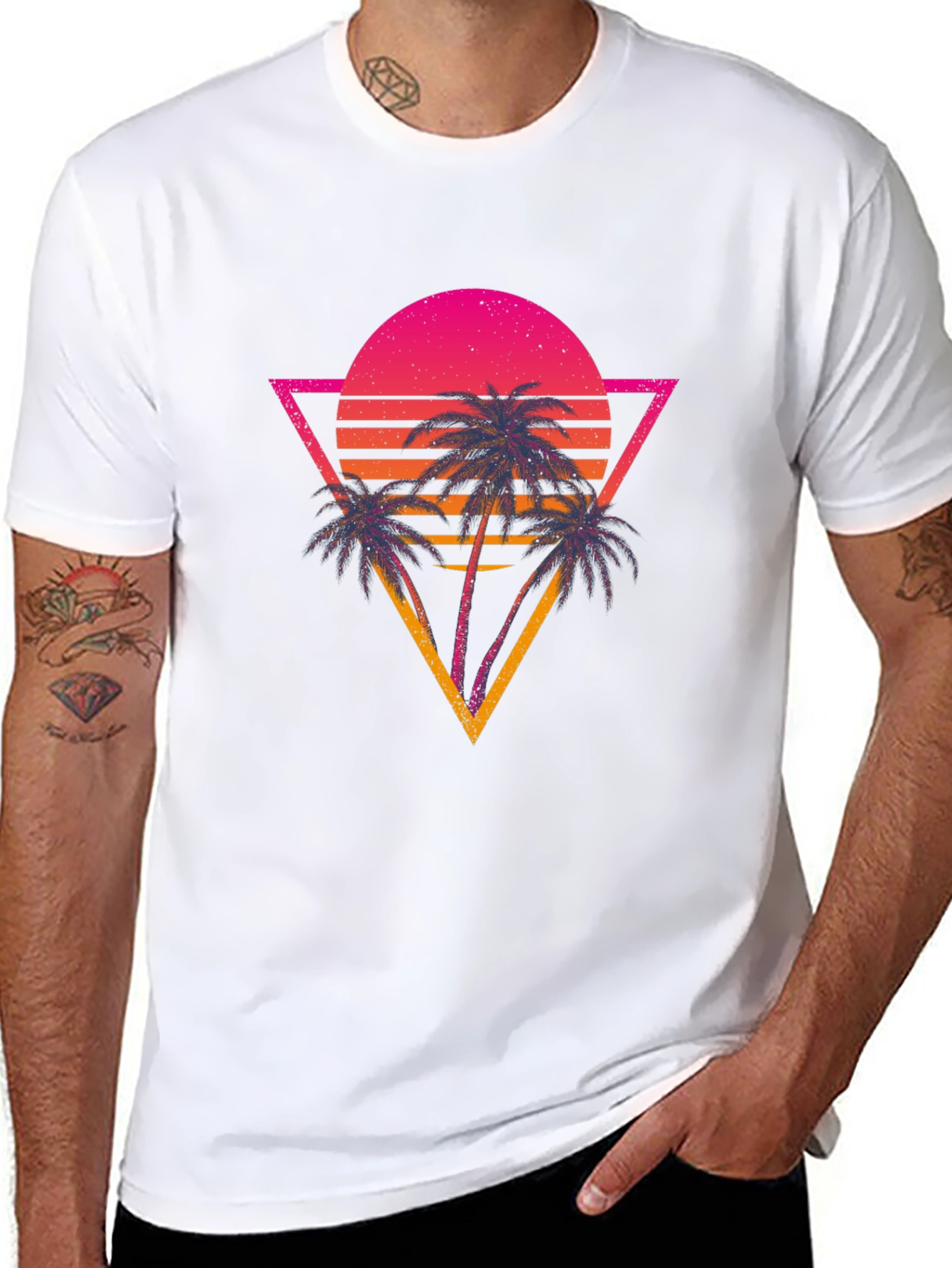 Retro Sunset Palm Tree Graphic Tee - Black
