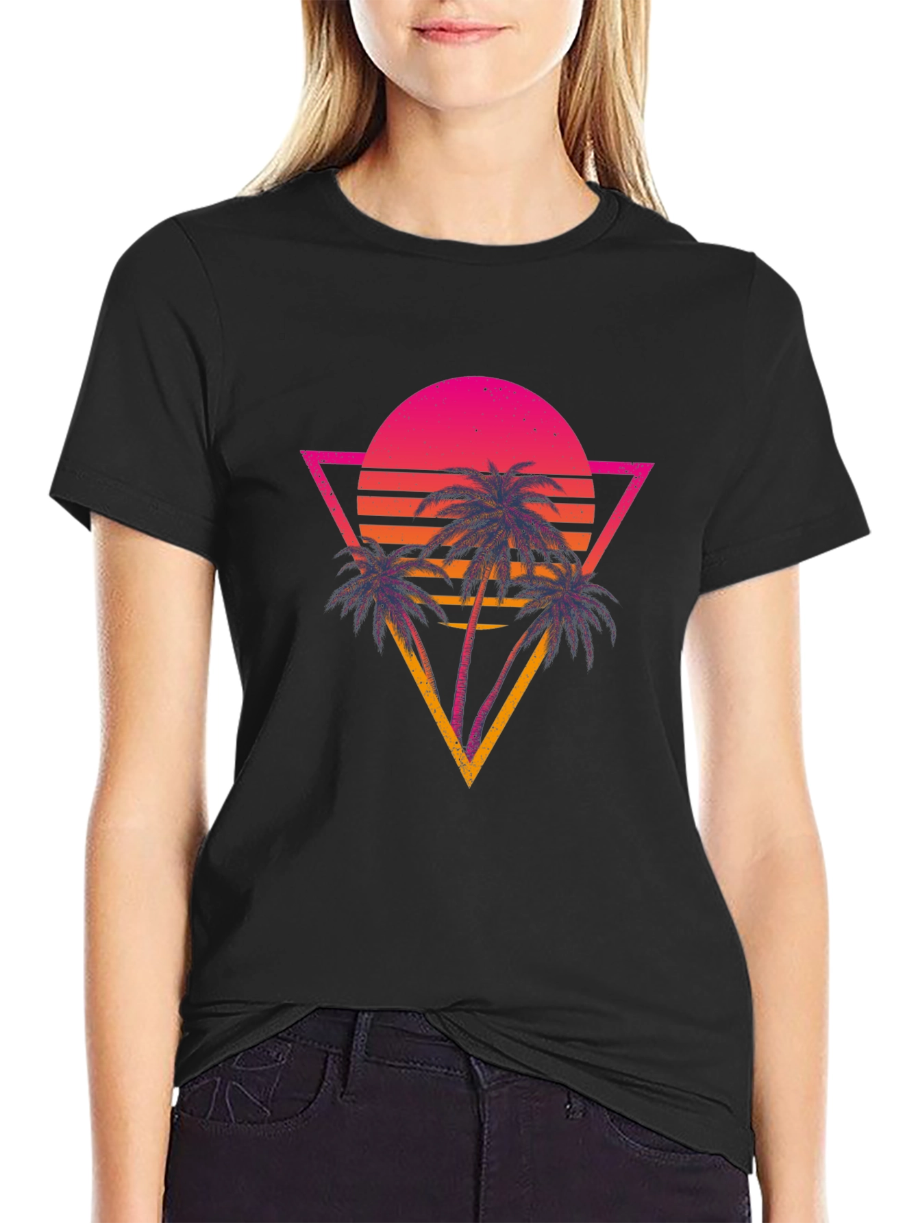 Retro Sunset Palm Tree Graphic Tee - Black