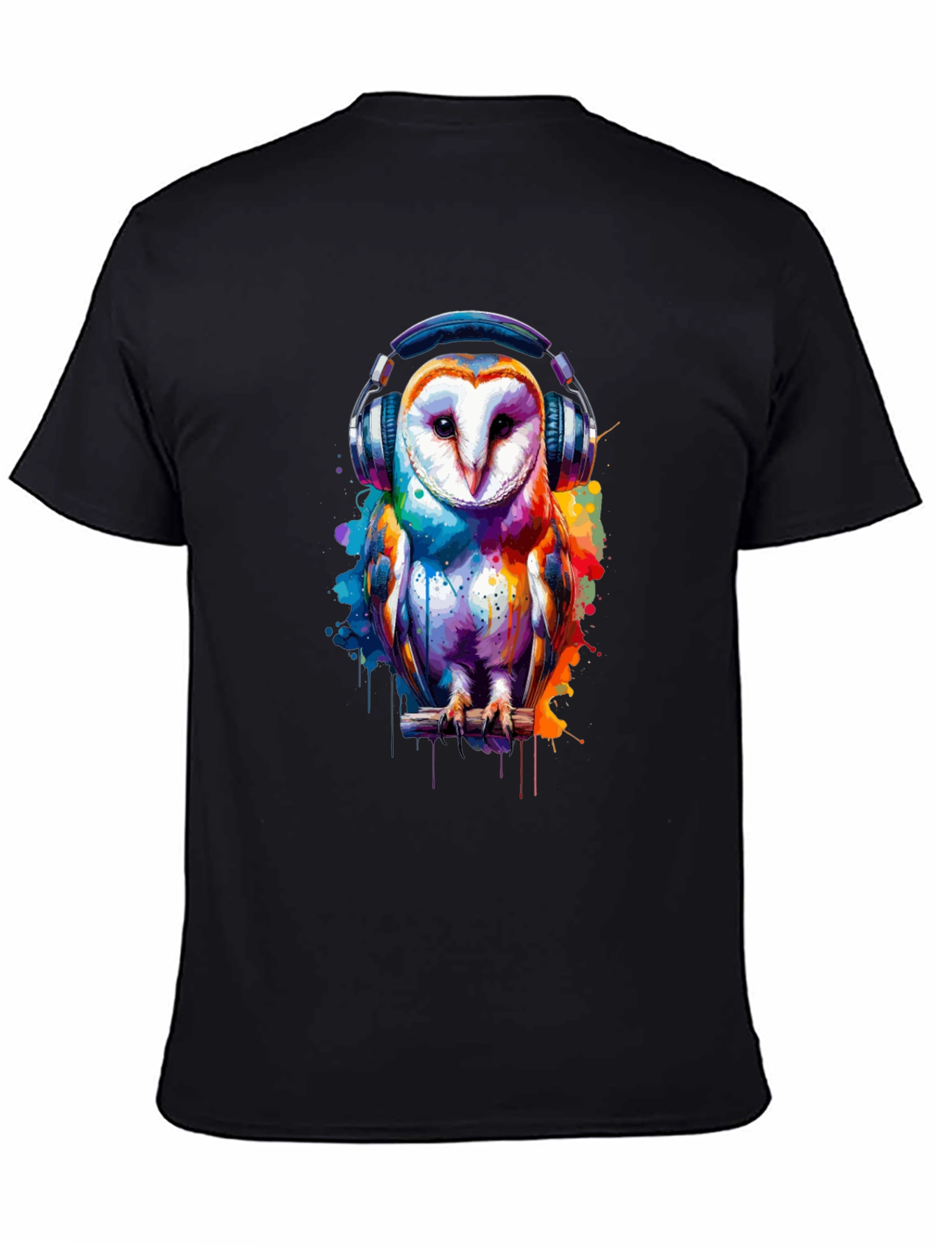 Owl with Headphones Graphic T-Shirt - Black