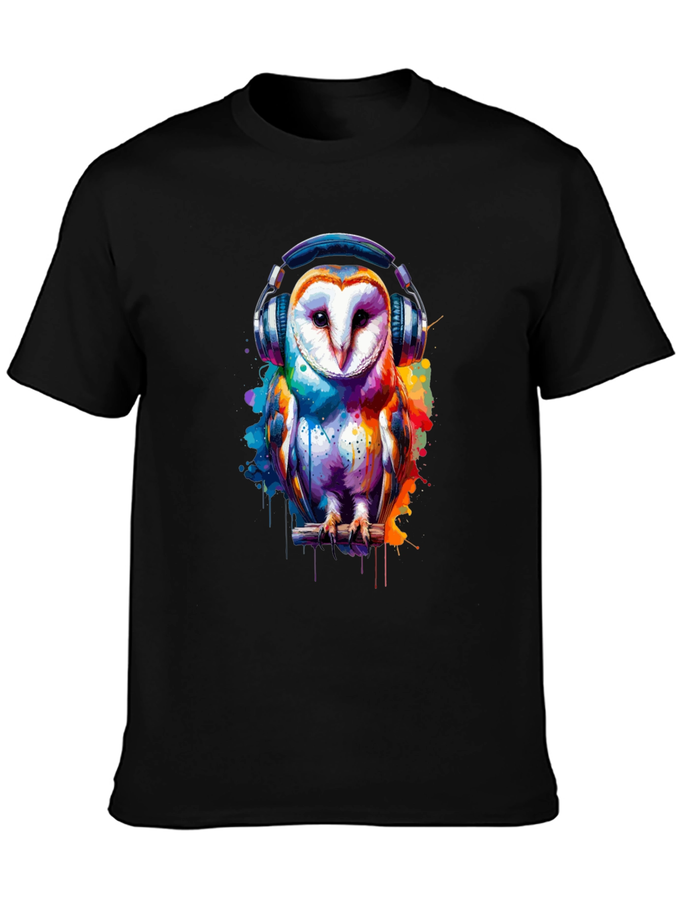 Owl with Headphones Graphic T-Shirt - Black