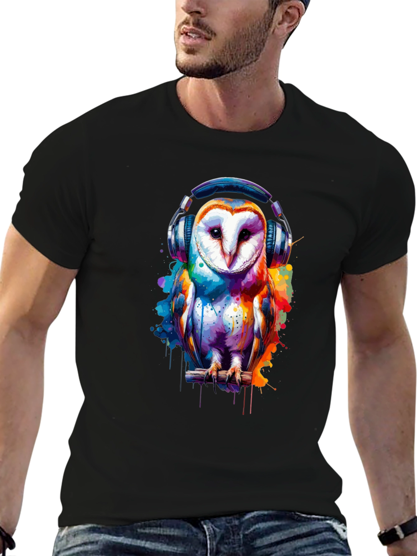 Owl with Headphones Graphic T-Shirt - Black