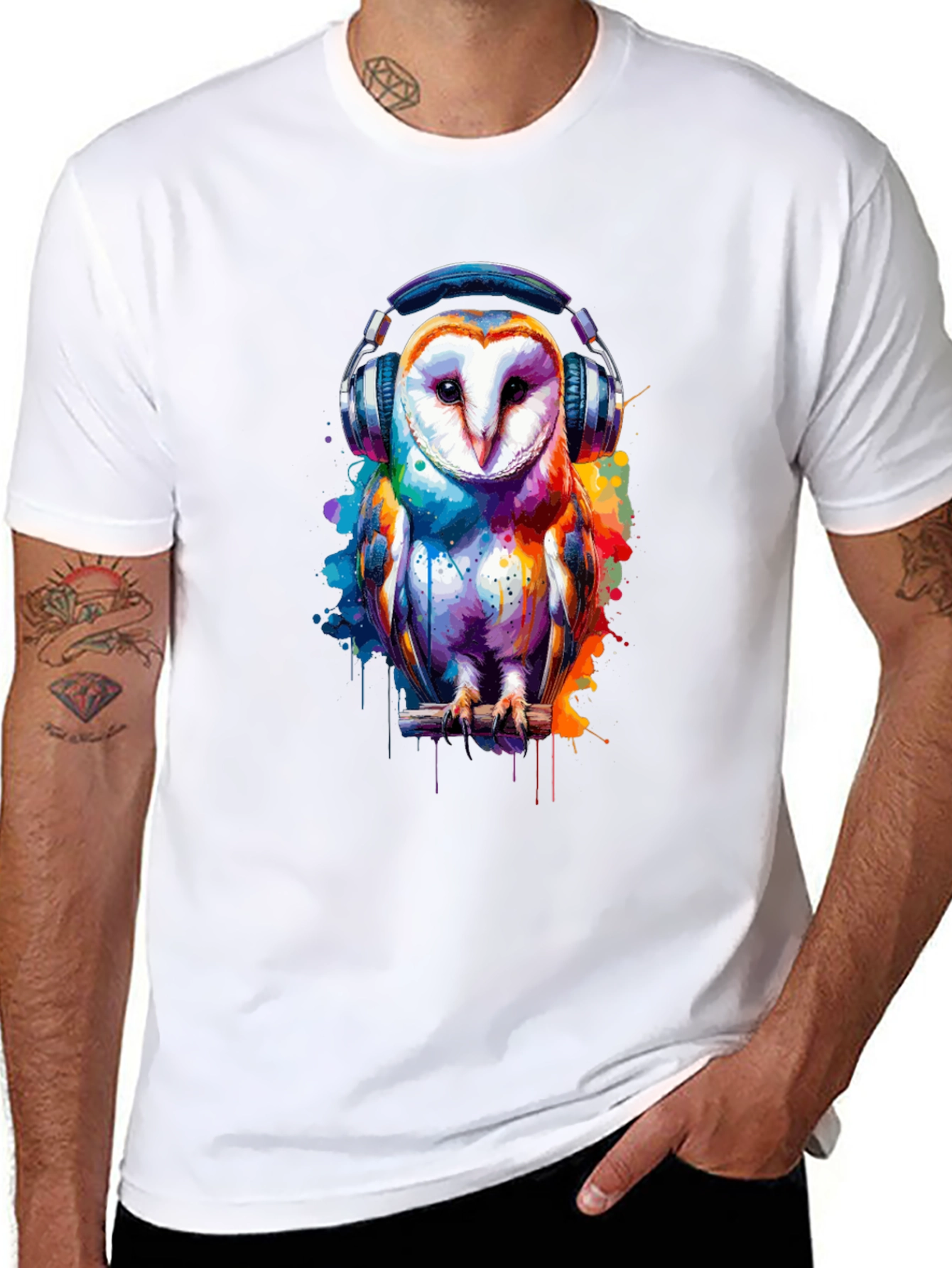 Owl with Headphones Graphic T-Shirt - Black