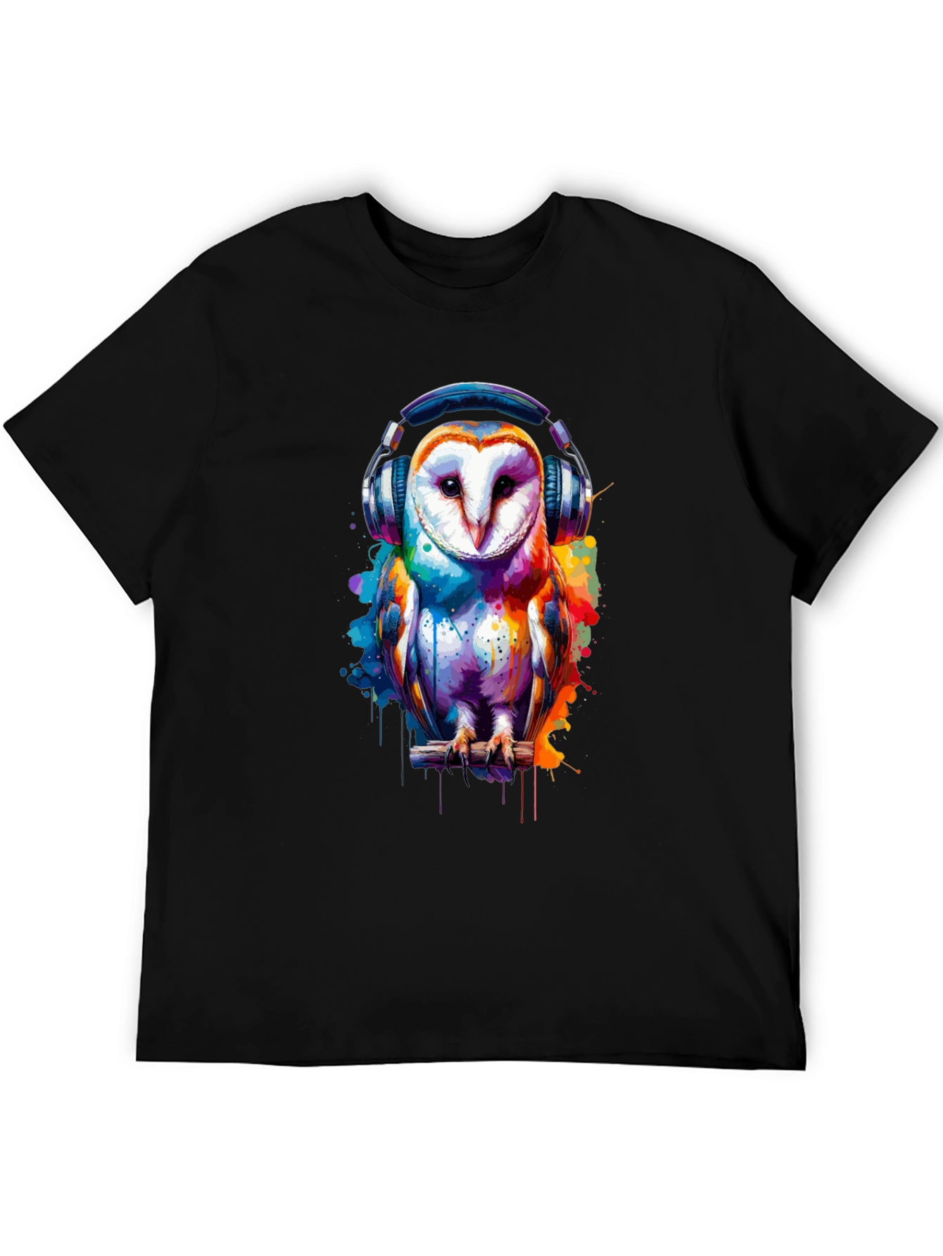 Owl with Headphones Graphic T-Shirt - Black