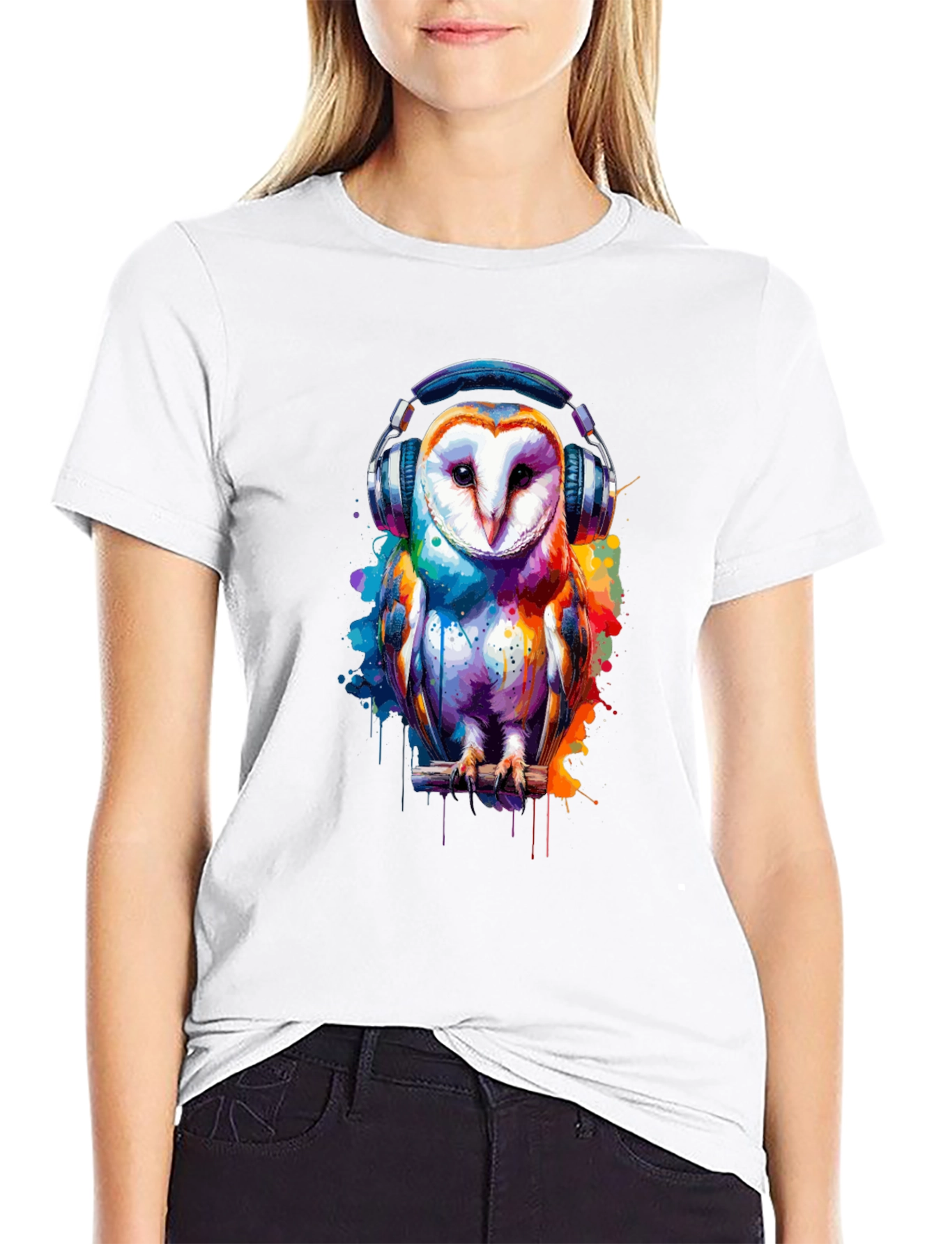Owl with Headphones Graphic T-Shirt - Black
