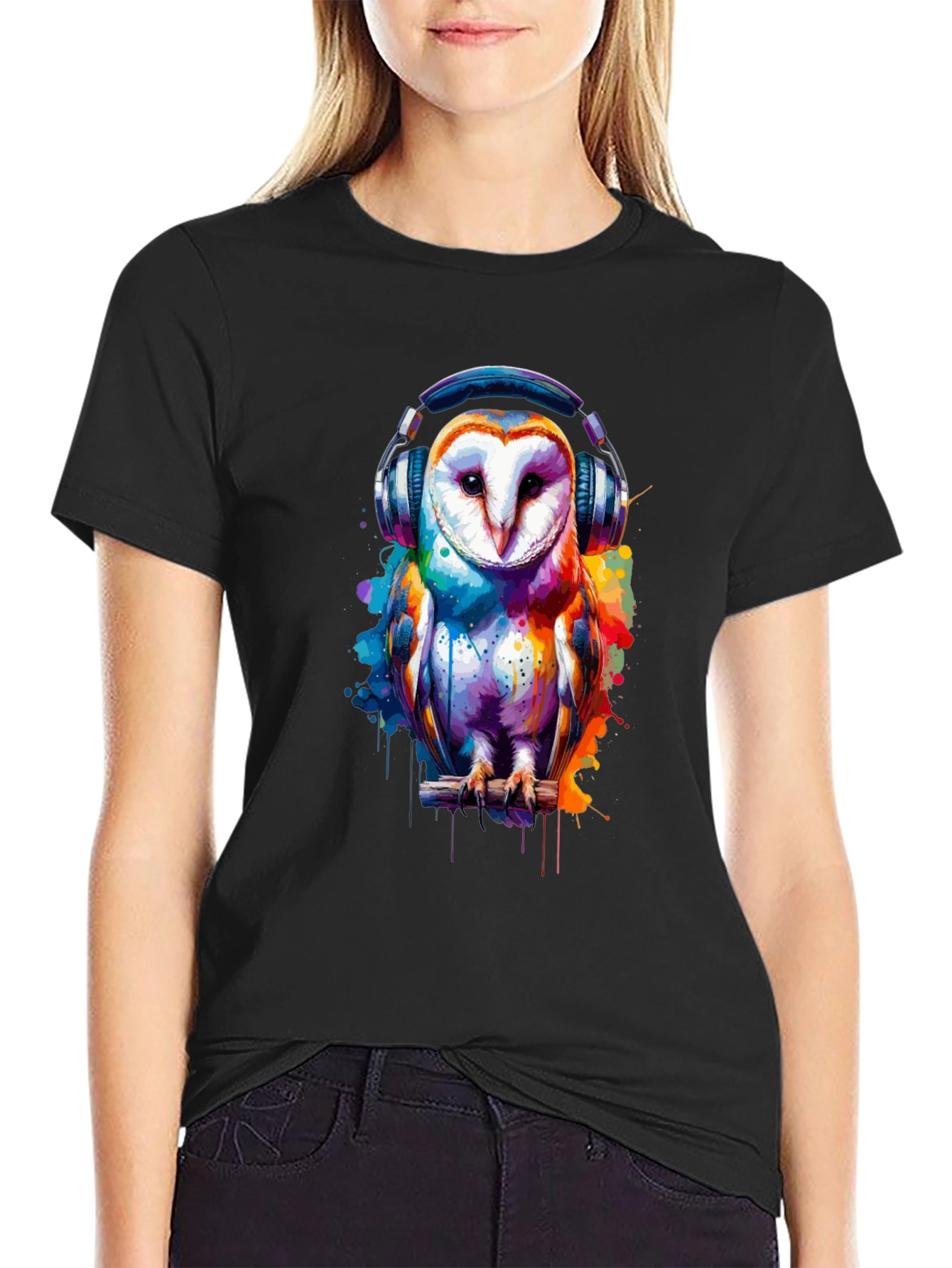 Owl with Headphones Graphic T-Shirt - Black