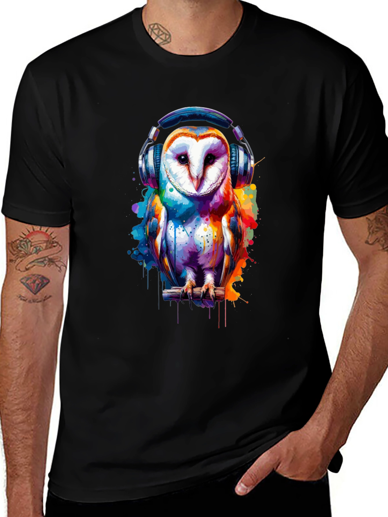 Owl with Headphones Graphic T-Shirt - Black